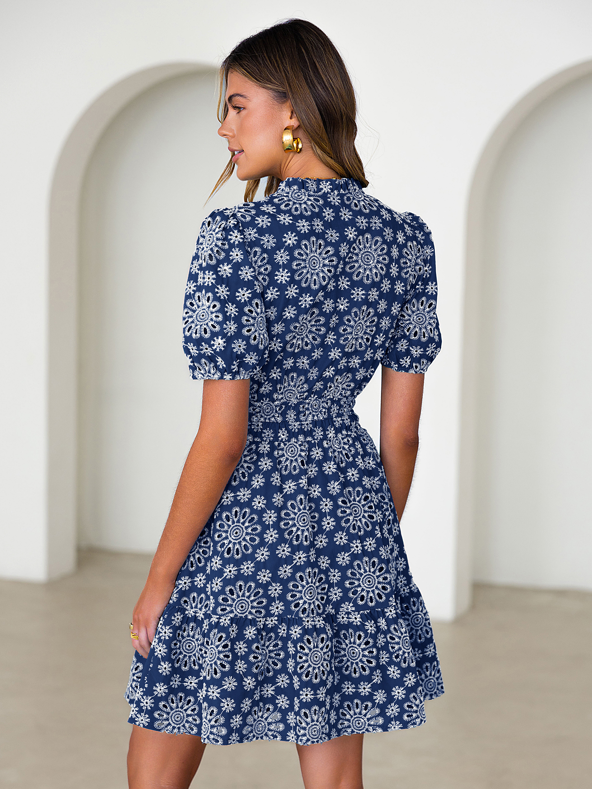 Eyelet Embroidery V Neck Smocked Mini Dress