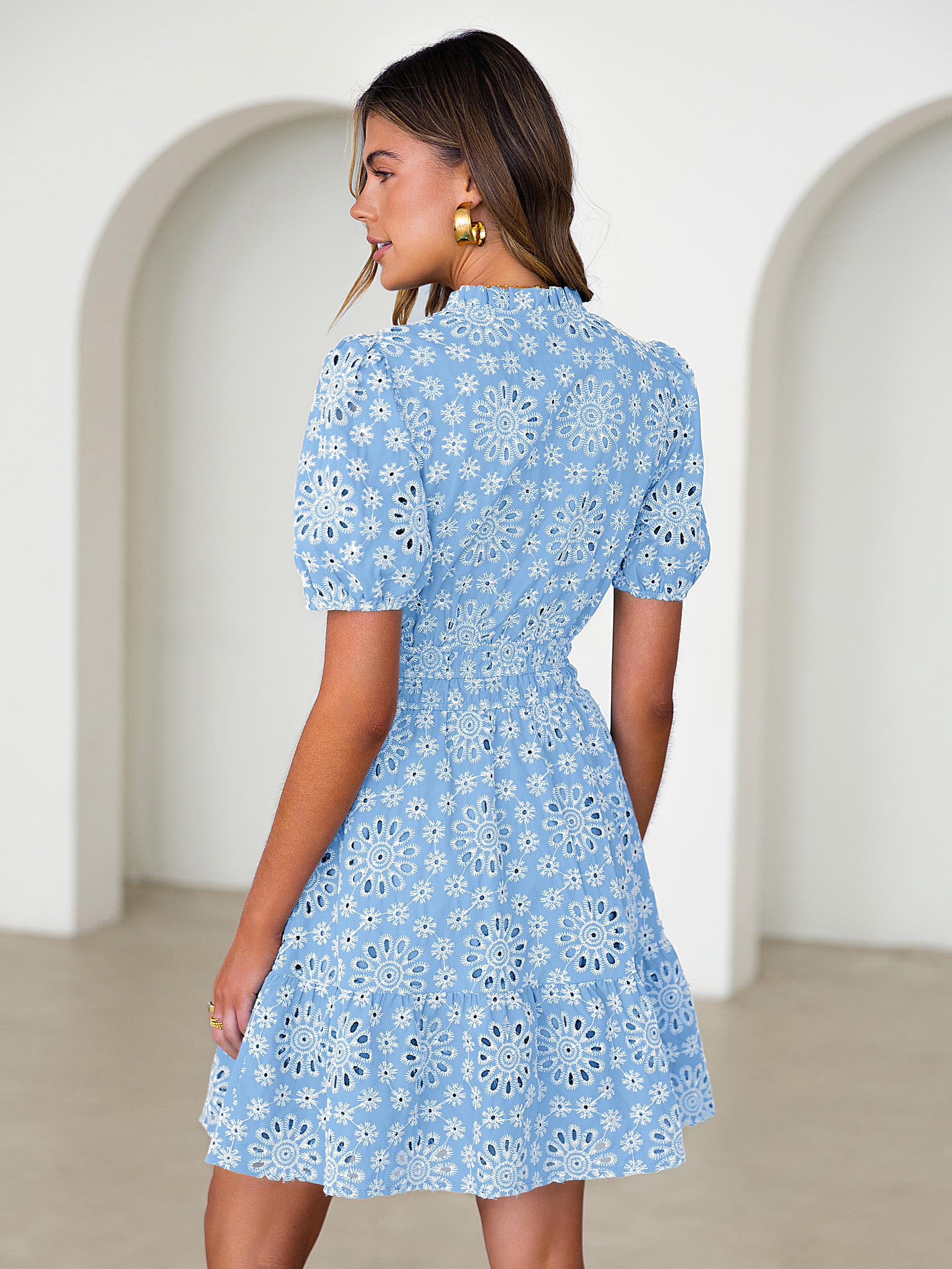 Eyelet Embroidery V Neck Smocked Mini Dress