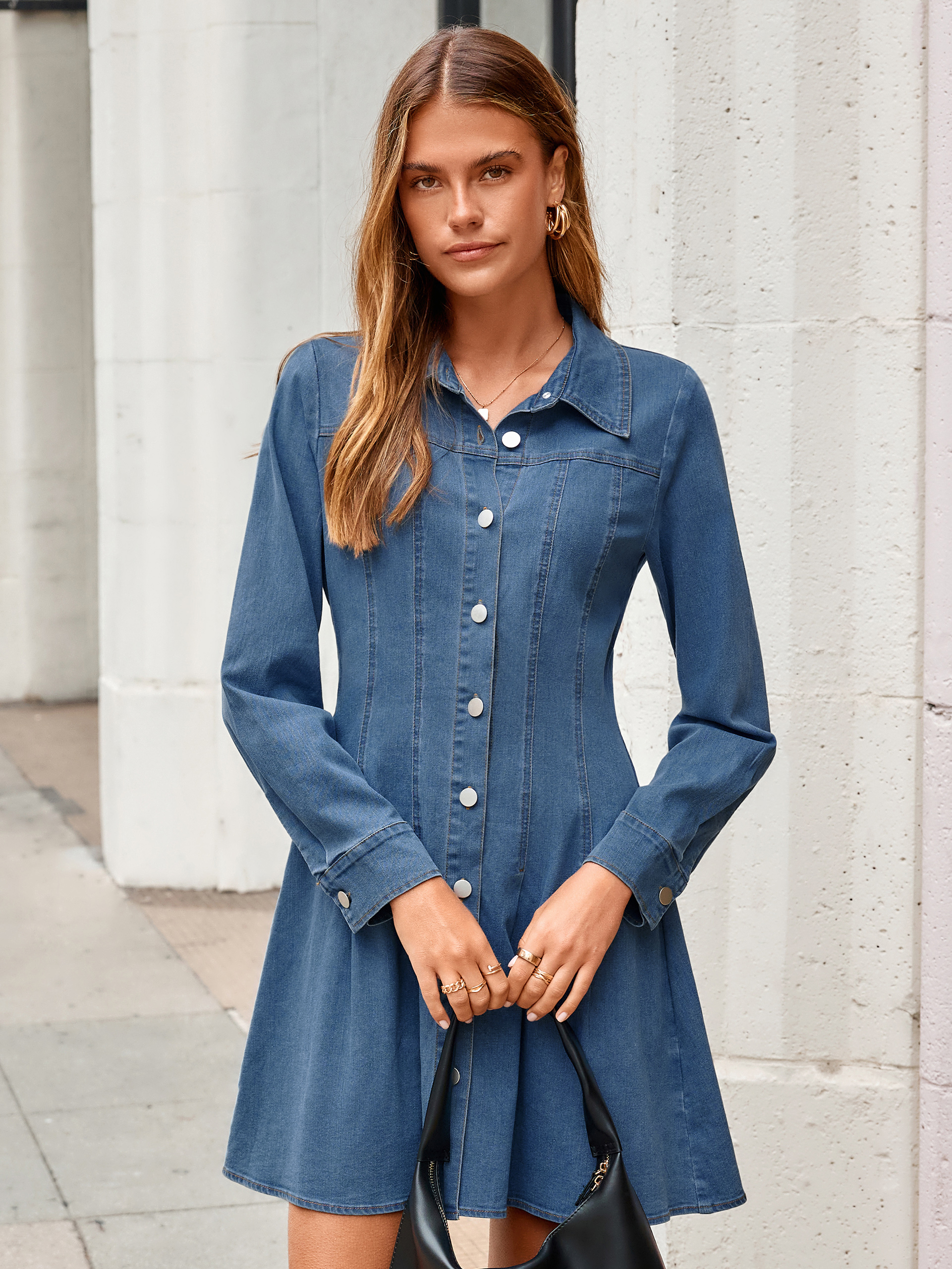 Button Front Stretch Denim Mini Shirt Dress