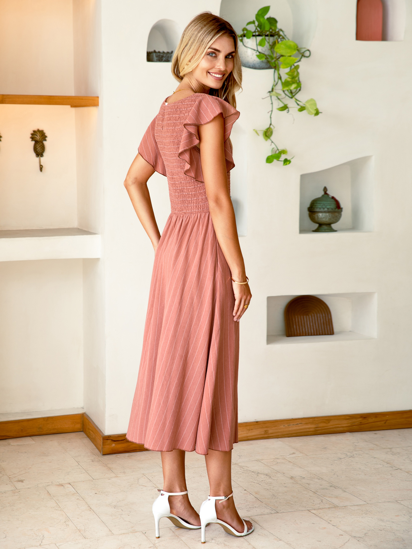Ruffle Sleeve Smocked Square Neck Striped Midi Dress