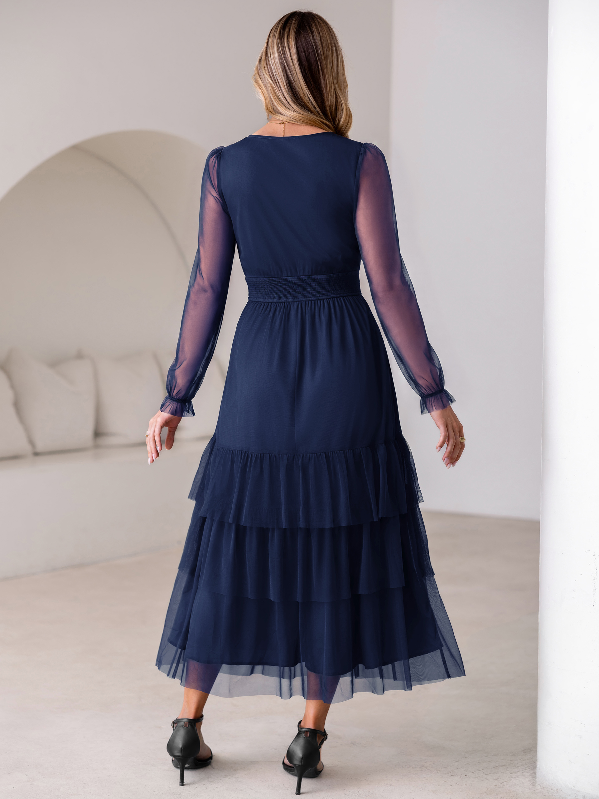 V-Neck Long Puff Sleeve Tiered Tulle Maxi Dress