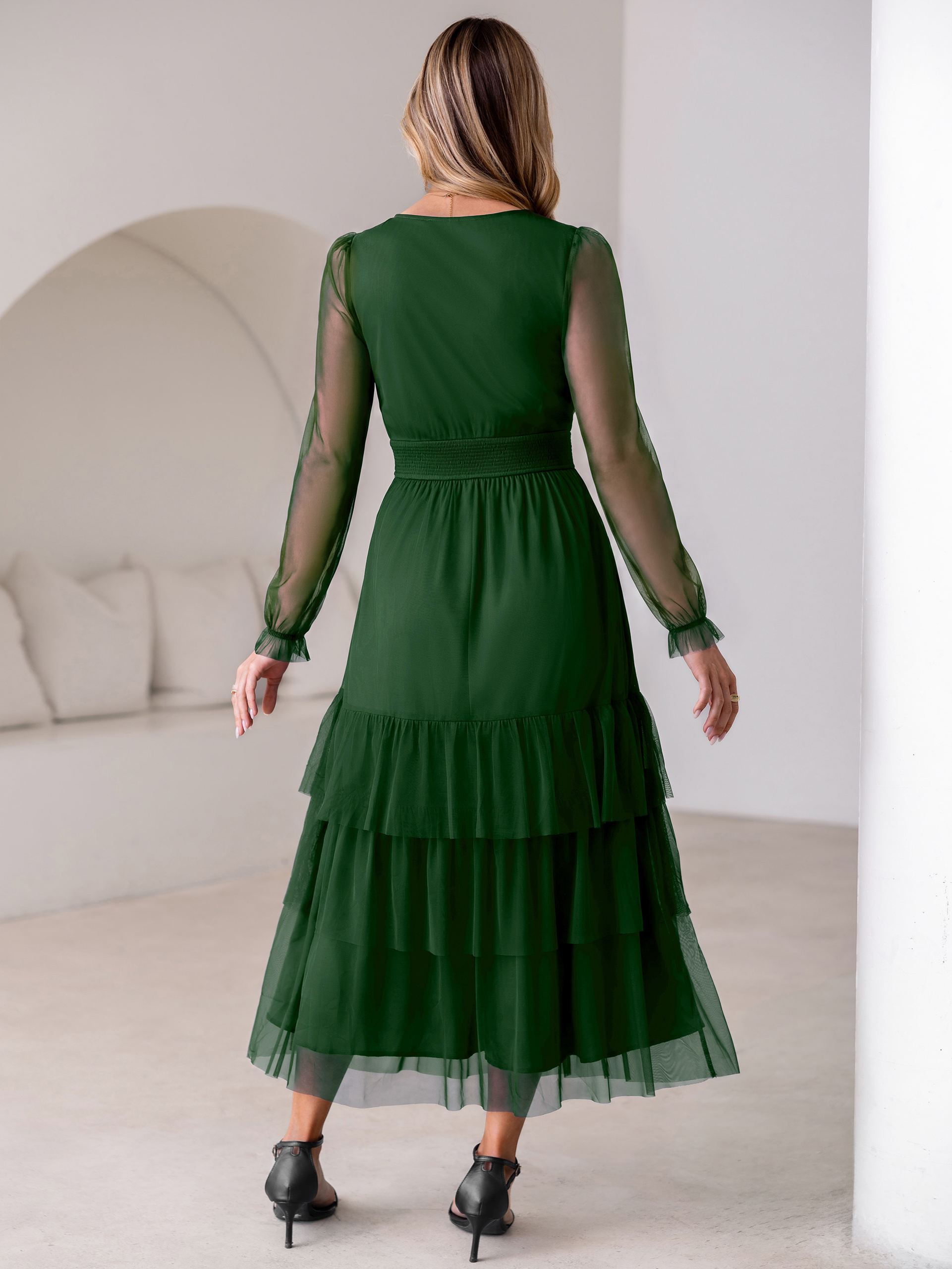 V-Neck Long Puff Sleeve Tiered Tulle Maxi Dress