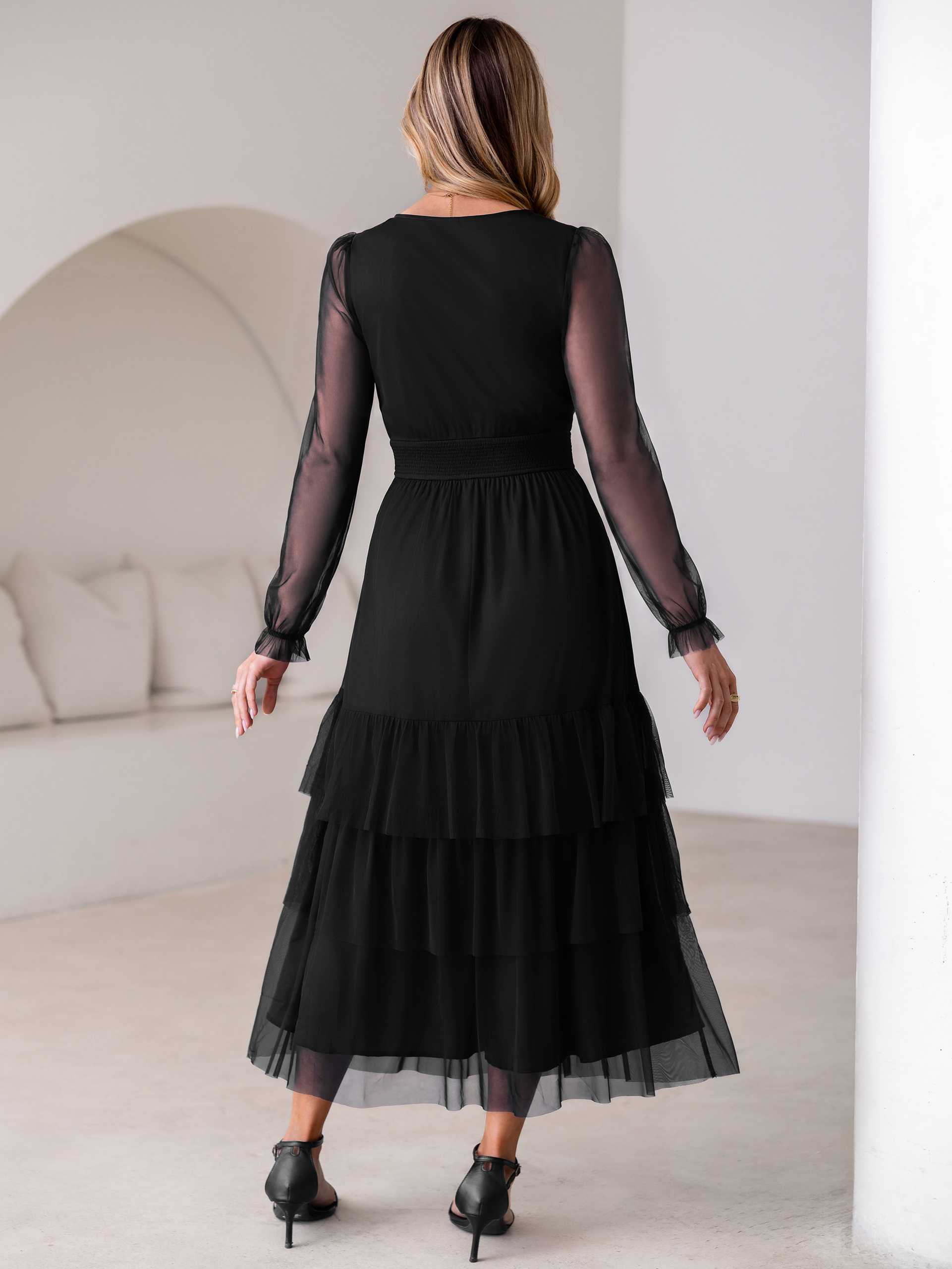 V-Neck Long Puff Sleeve Tiered Tulle Maxi Dress