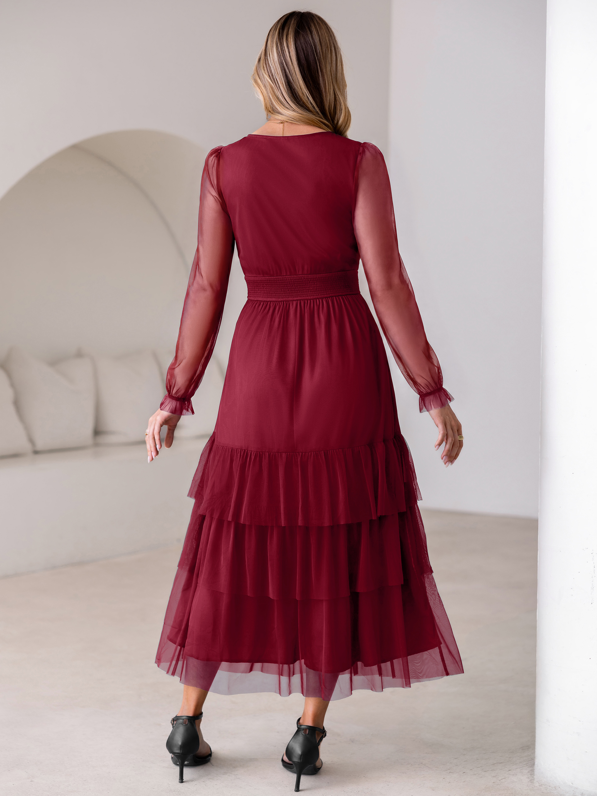 V-Neck Long Puff Sleeve Tiered Tulle Maxi Dress