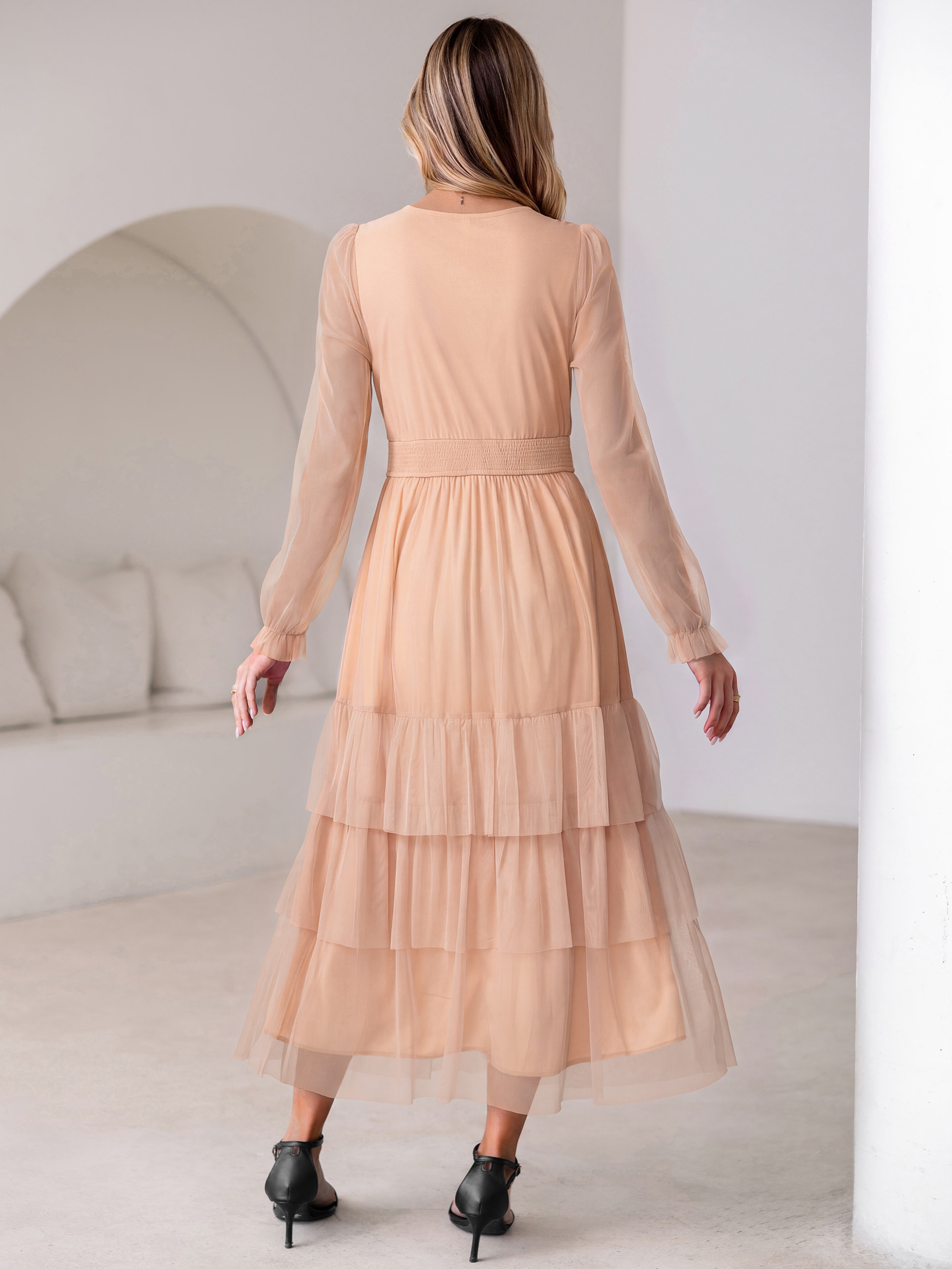 V-Neck Long Puff Sleeve Tiered Tulle Maxi Dress