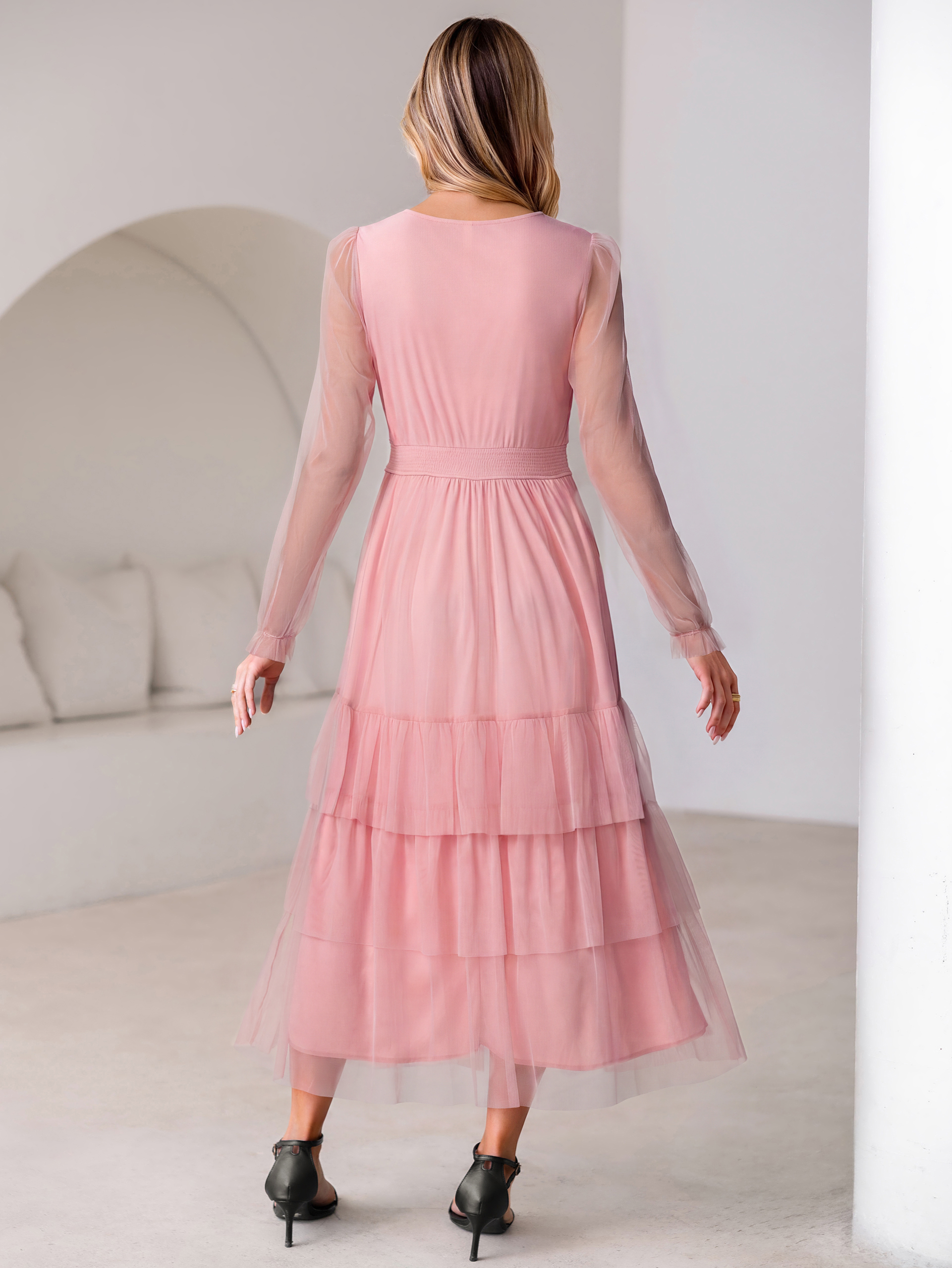 V-Neck Long Puff Sleeve Tiered Tulle Maxi Dress