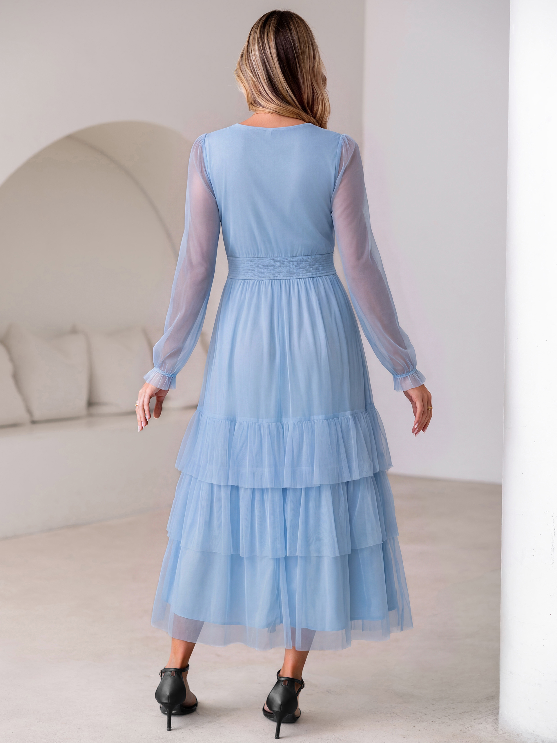 V-Neck Long Puff Sleeve Tiered Tulle Maxi Dress