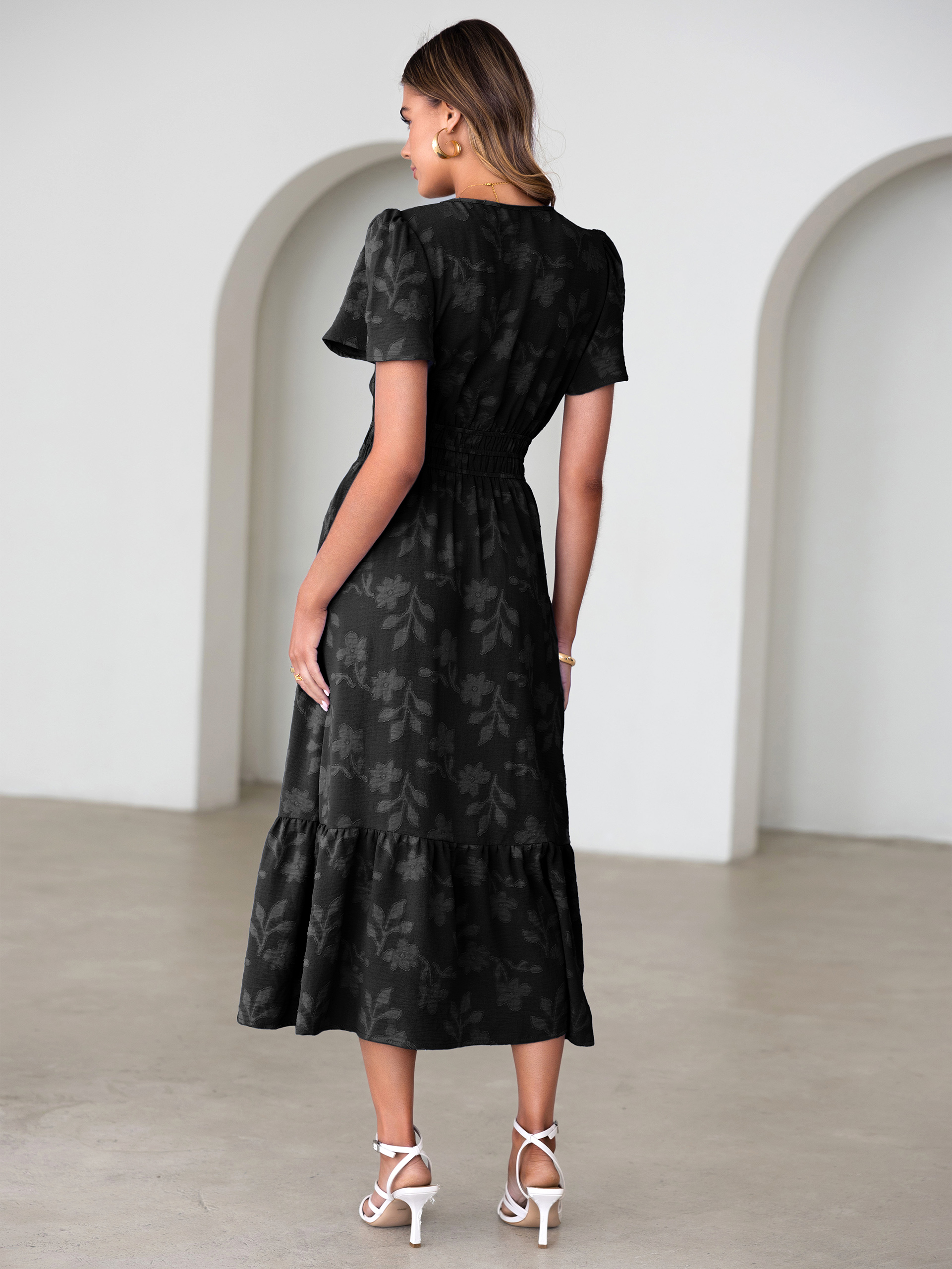 V Neck Burnout Floral Ruffle Maxi Dress