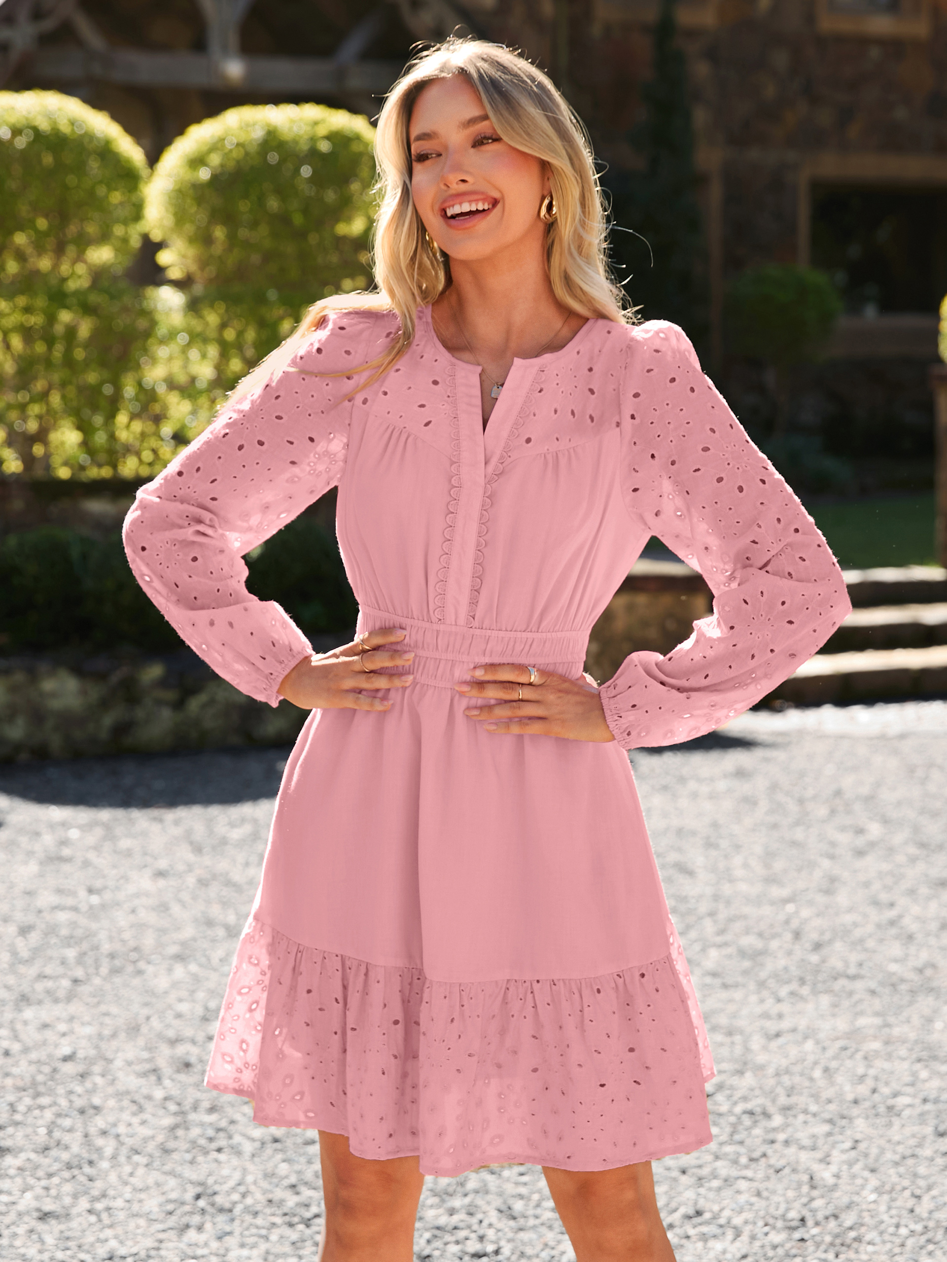 Eyelet V Neck Long Sleeve A Line Mini Dress