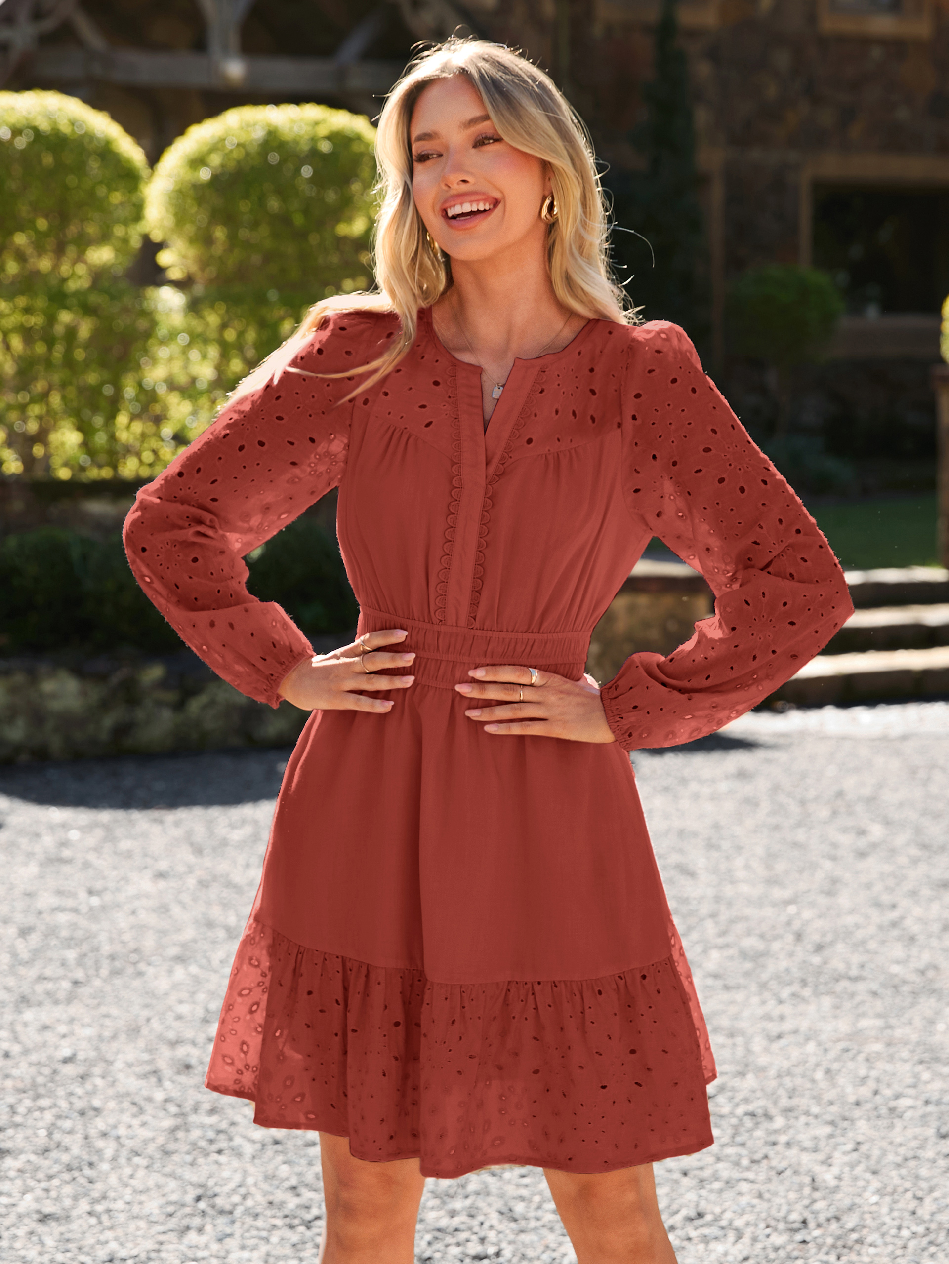 Eyelet V Neck Long Sleeve A Line Mini Dress