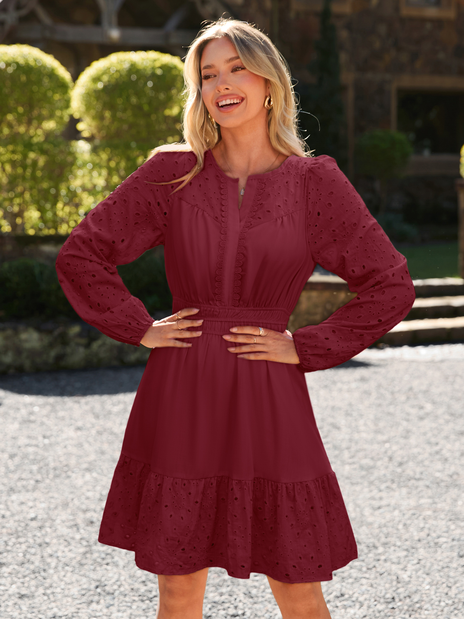 Eyelet V Neck Long Sleeve A Line Mini Dress