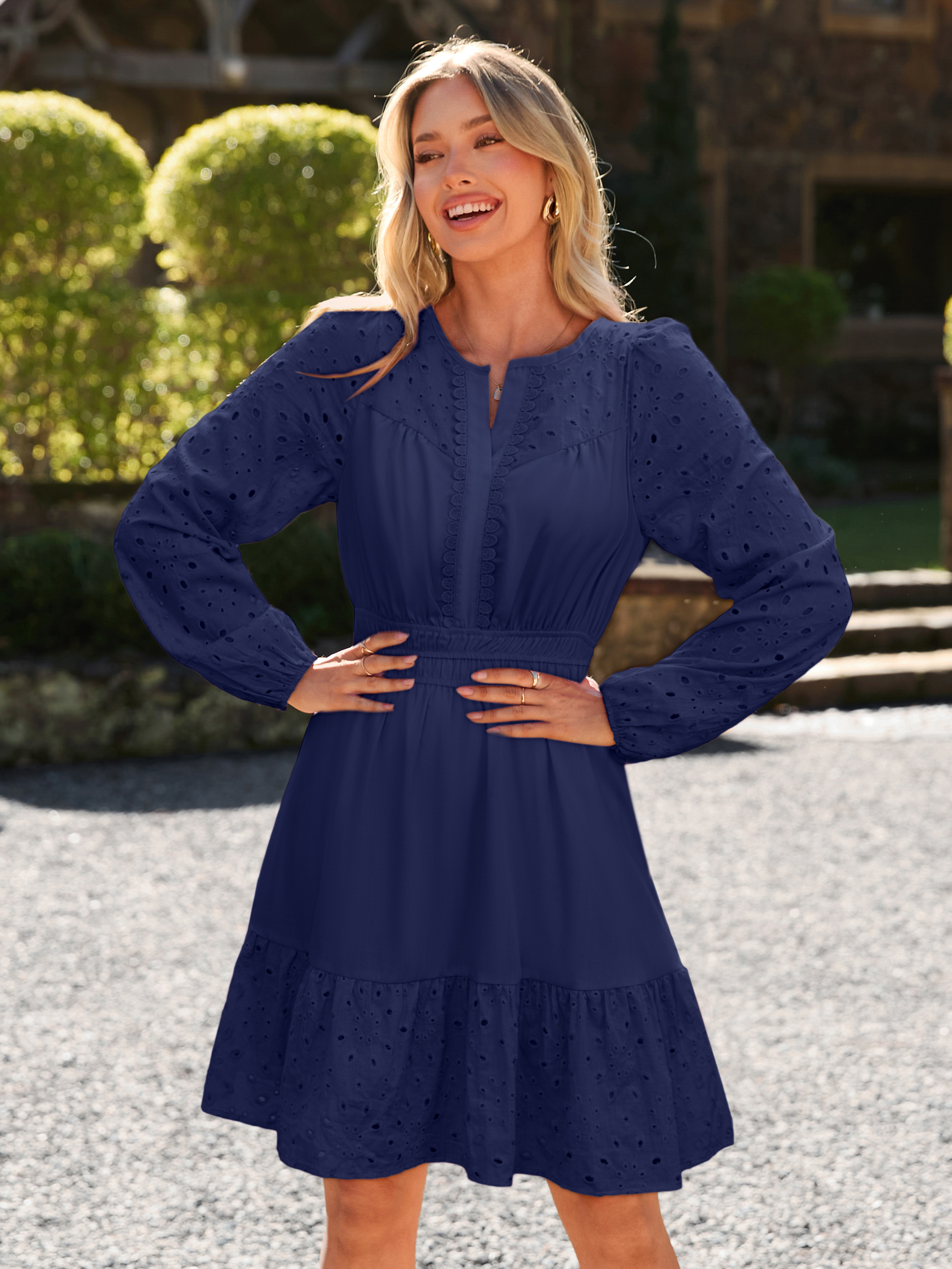 Eyelet V Neck Long Sleeve A Line Mini Dress