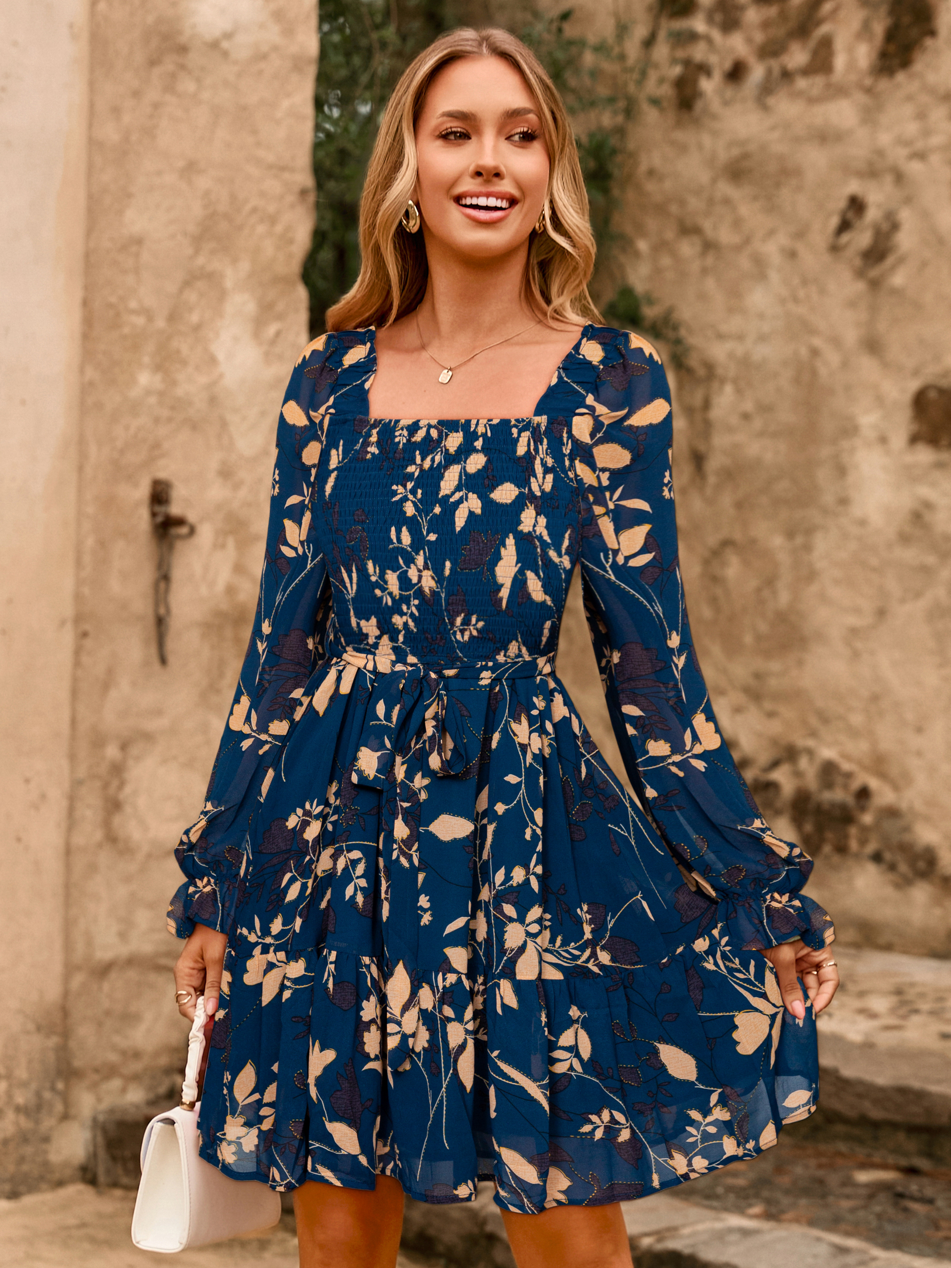 Boho Floral Chiffon Smocked Mini Dress - Blue Green Floral