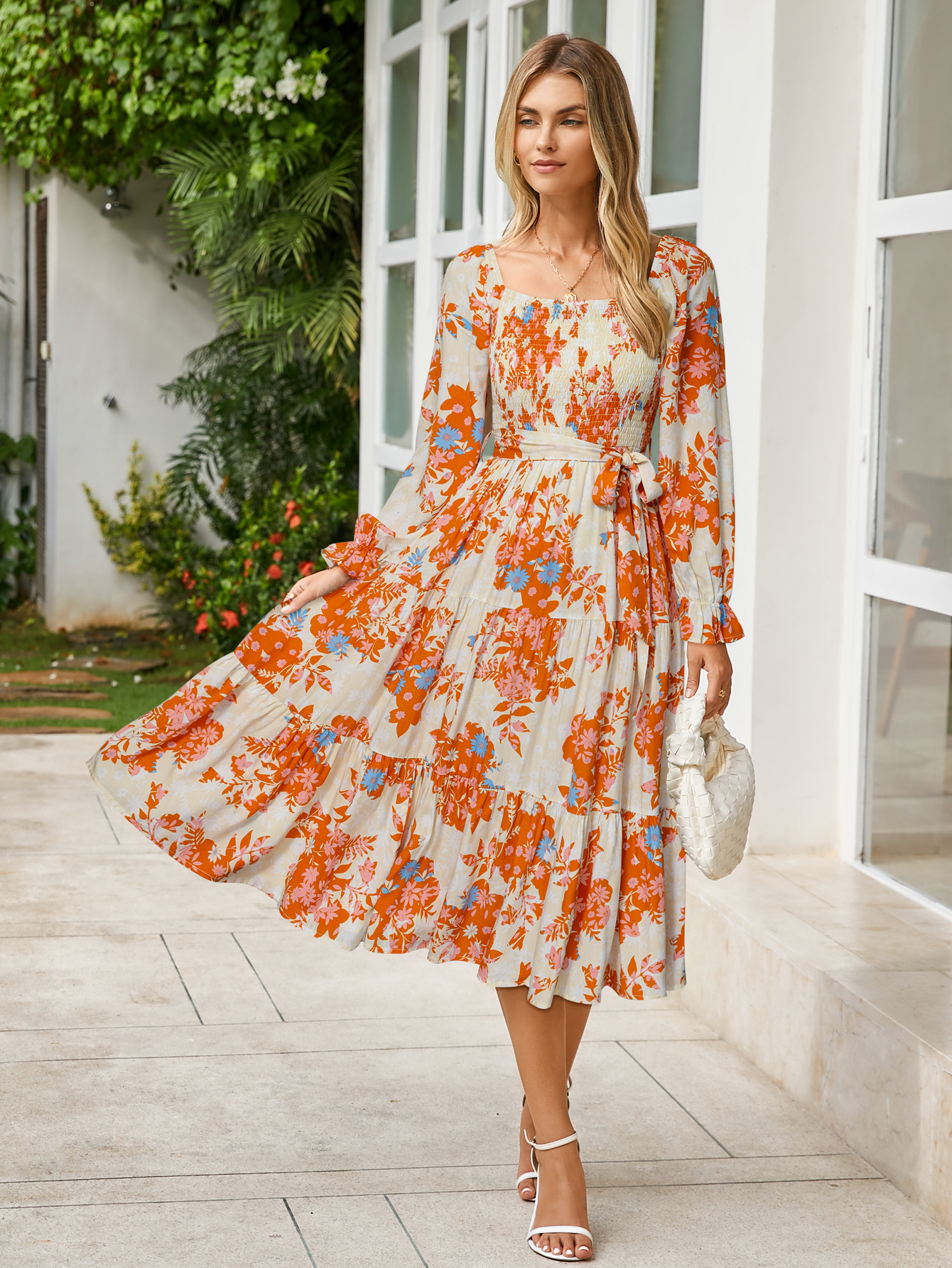 Floral Tiered Puff Sleeve Smocked Maxi Dress - White Orange Floral