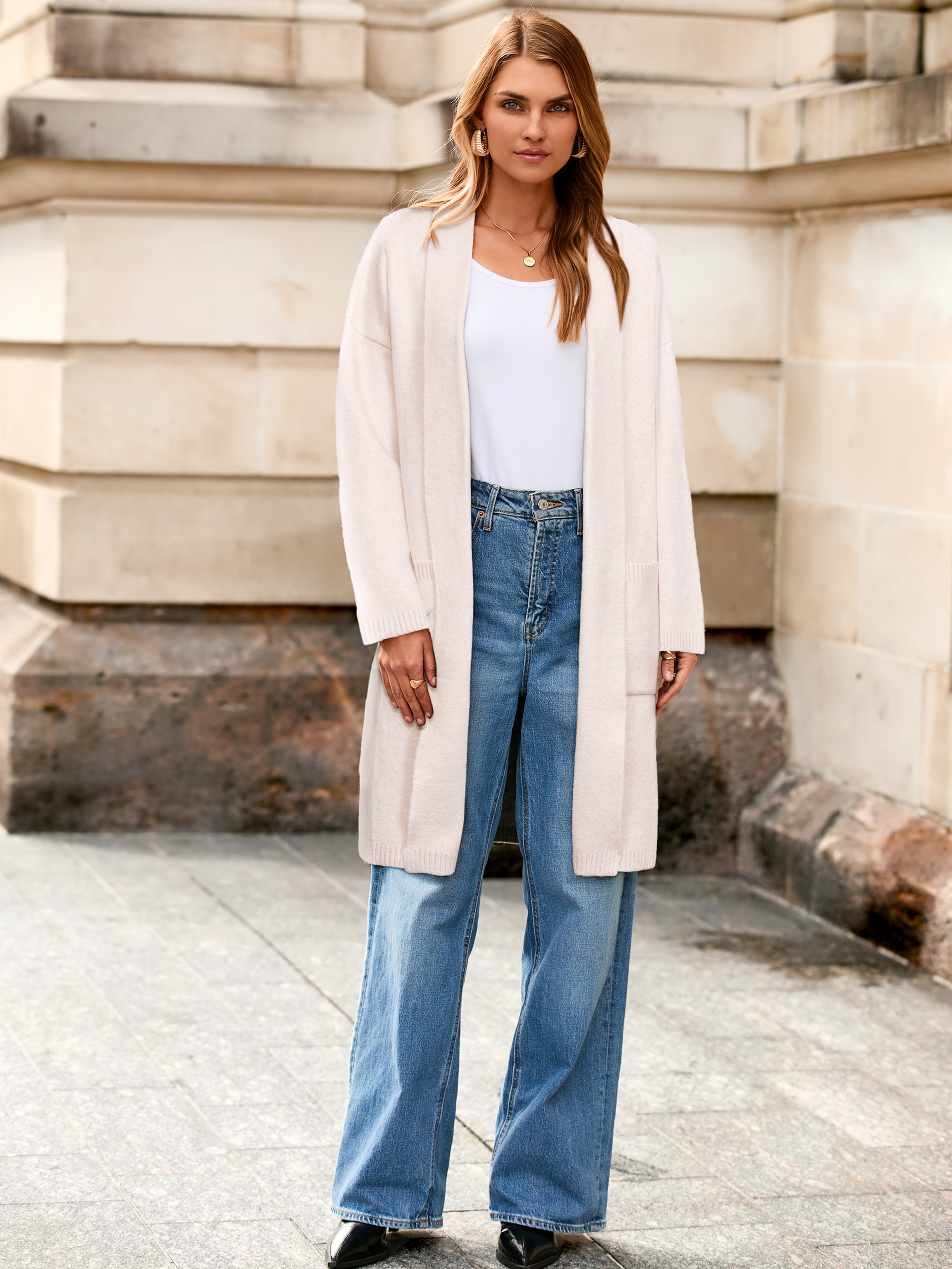 Color Block Open Front Long Knit Cardigan - Apricot