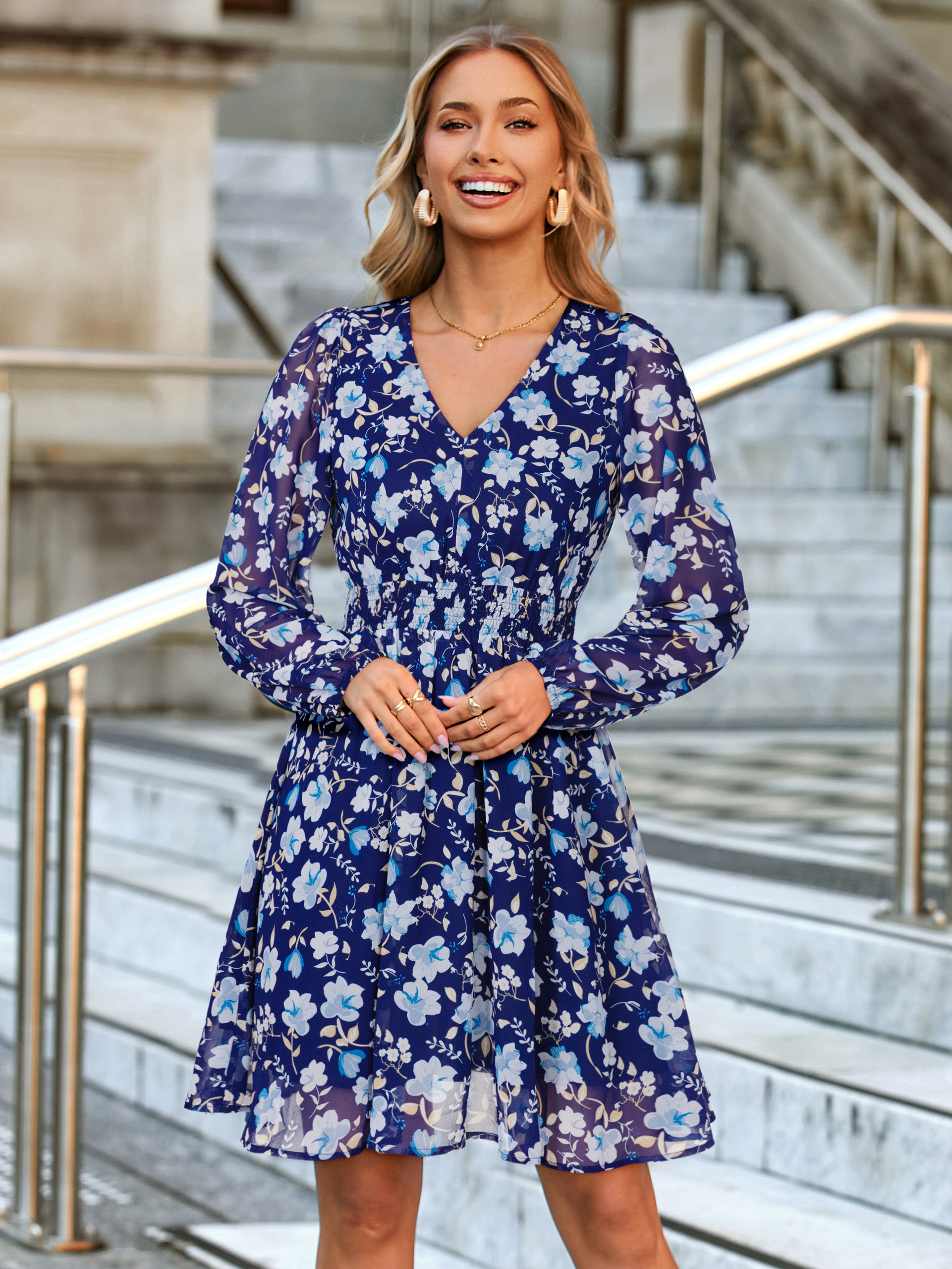Boho Flowy Floral Chiffon Wedding Guest Mini Dress - Deep Blue Floral