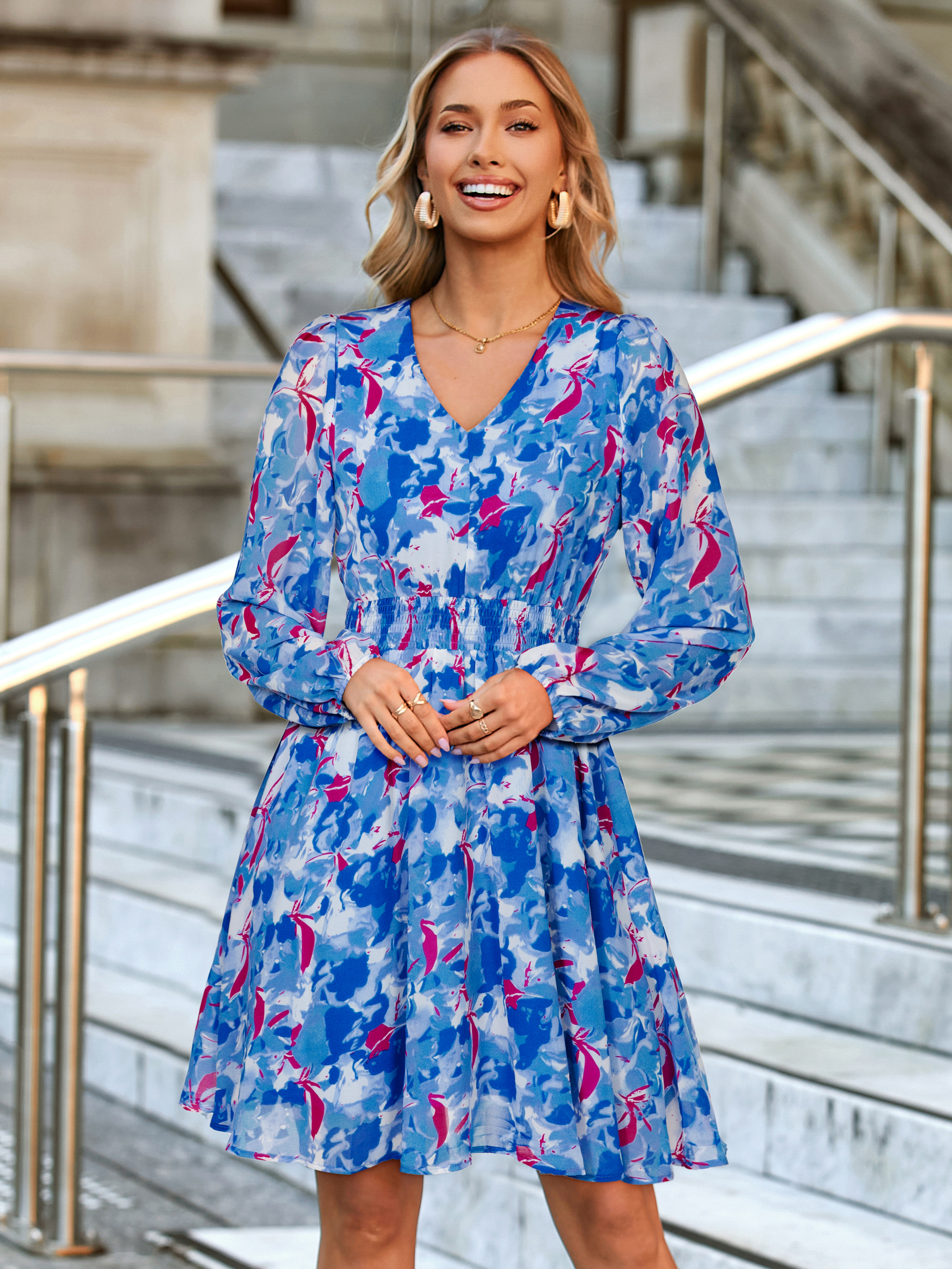 Boho Flowy Floral Chiffon Wedding Guest Mini Dress - Blue White Floral