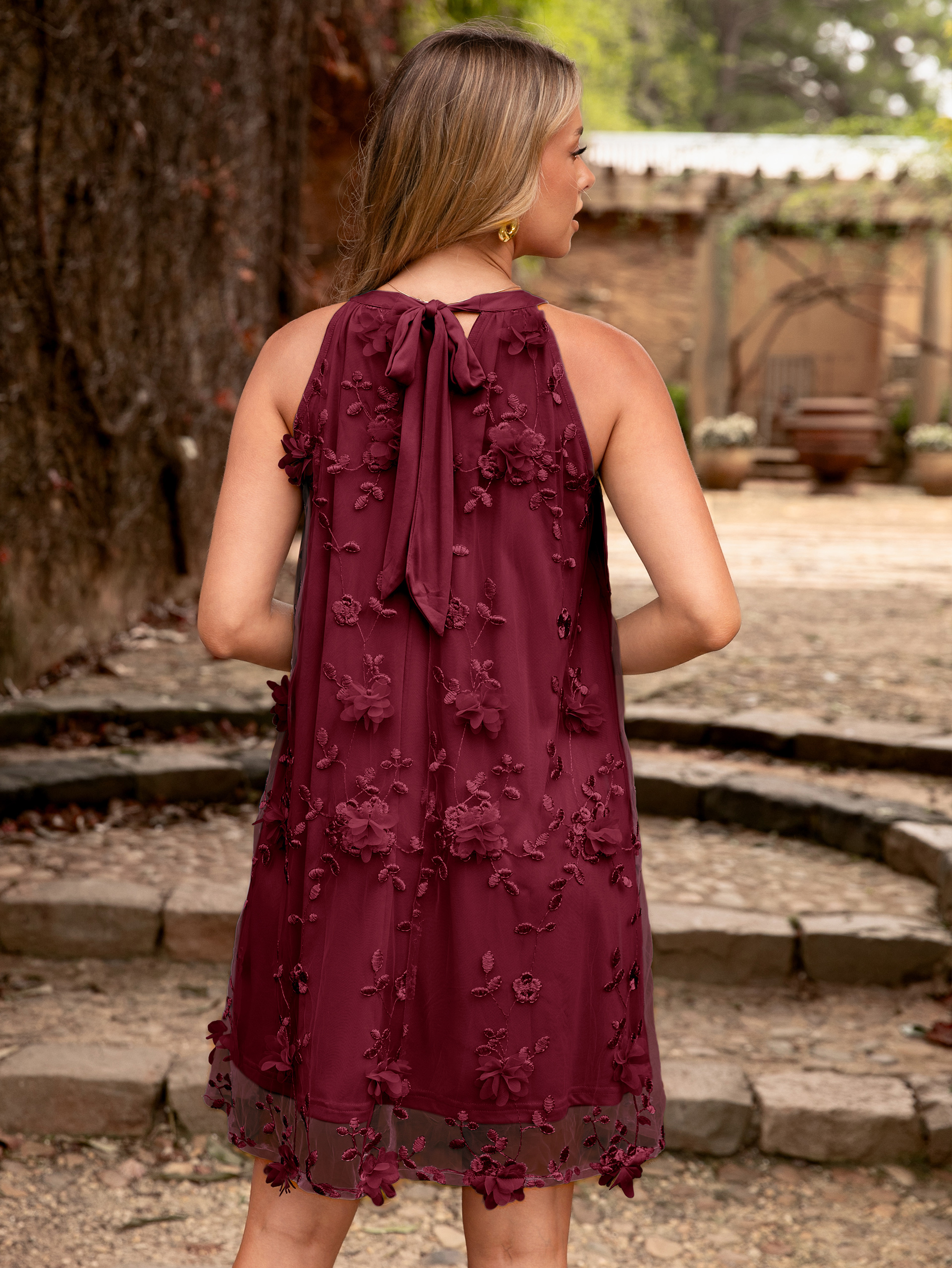 3D Flower Appliques Sleeveless Mini Halter Dress