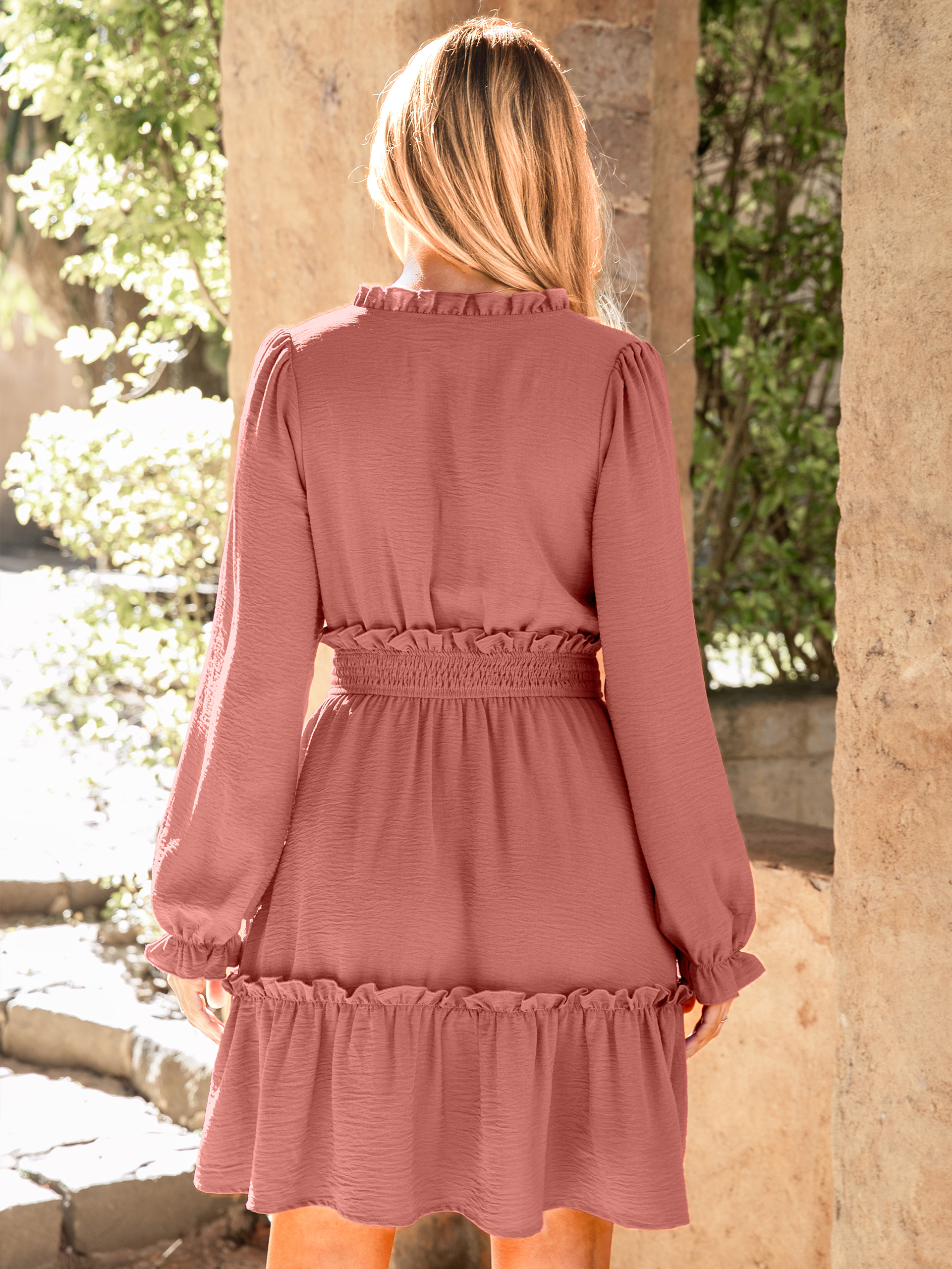 Ruffle V Neck Long Sleeve Mini Dress