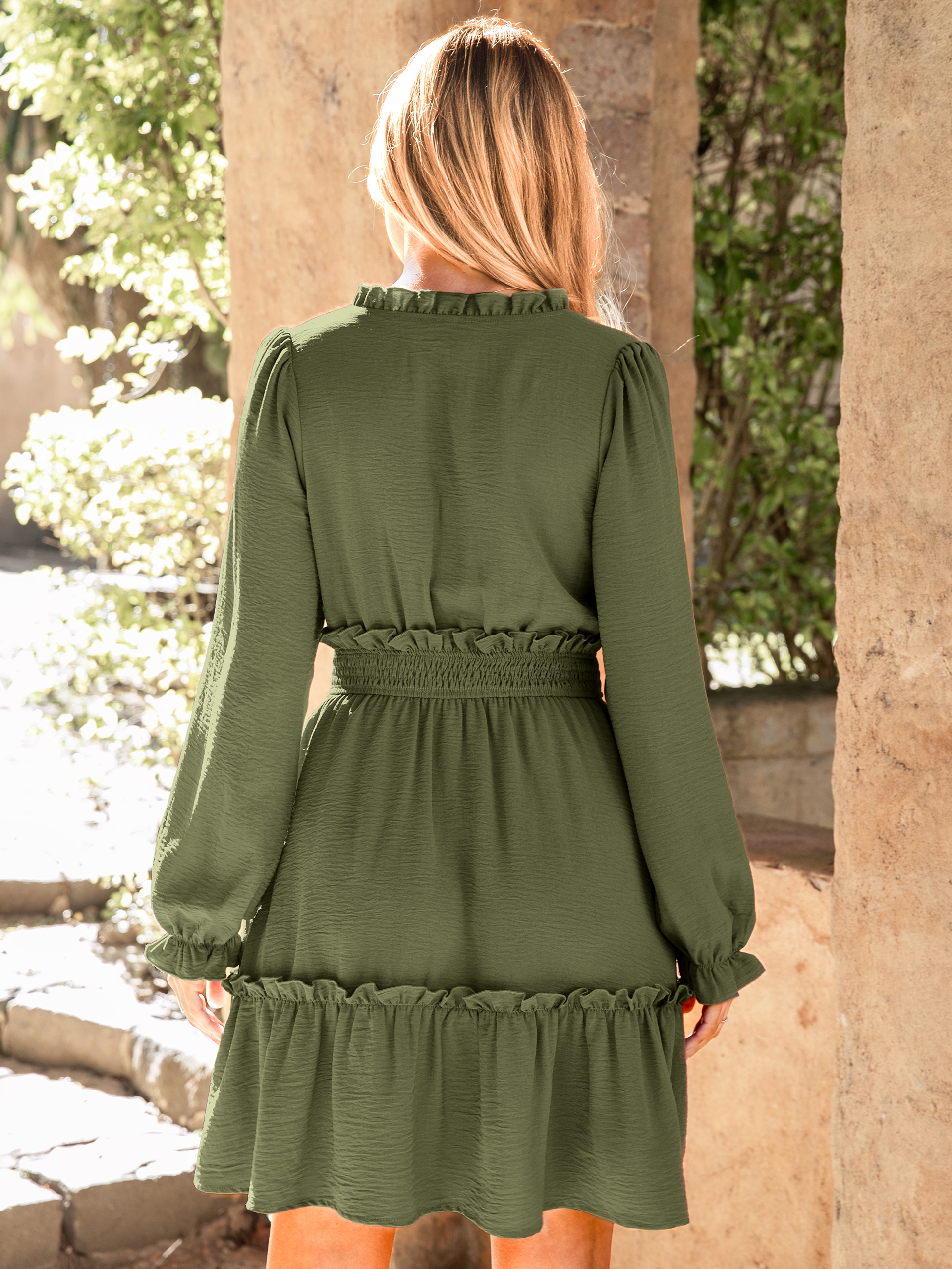 Ruffle V Neck Long Sleeve Mini Dress