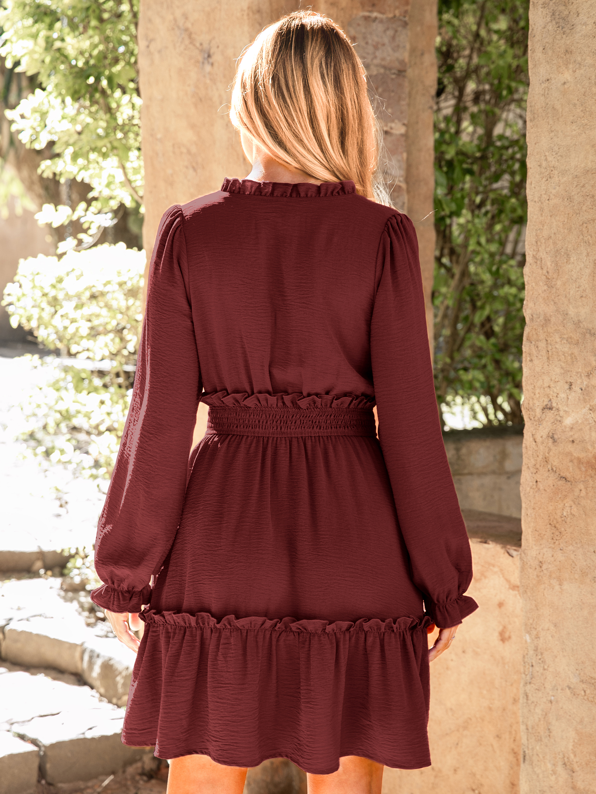 Ruffle V Neck Long Sleeve Mini Dress