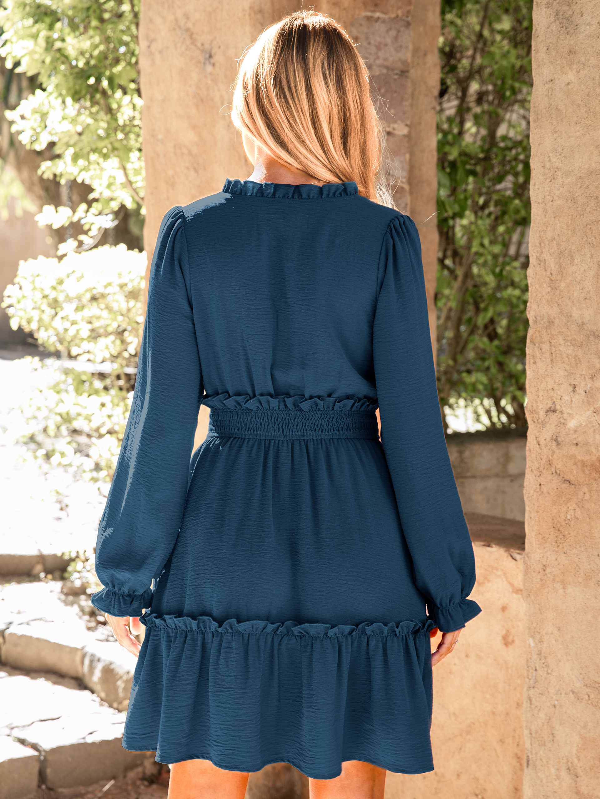 Ruffle V Neck Long Sleeve Mini Dress