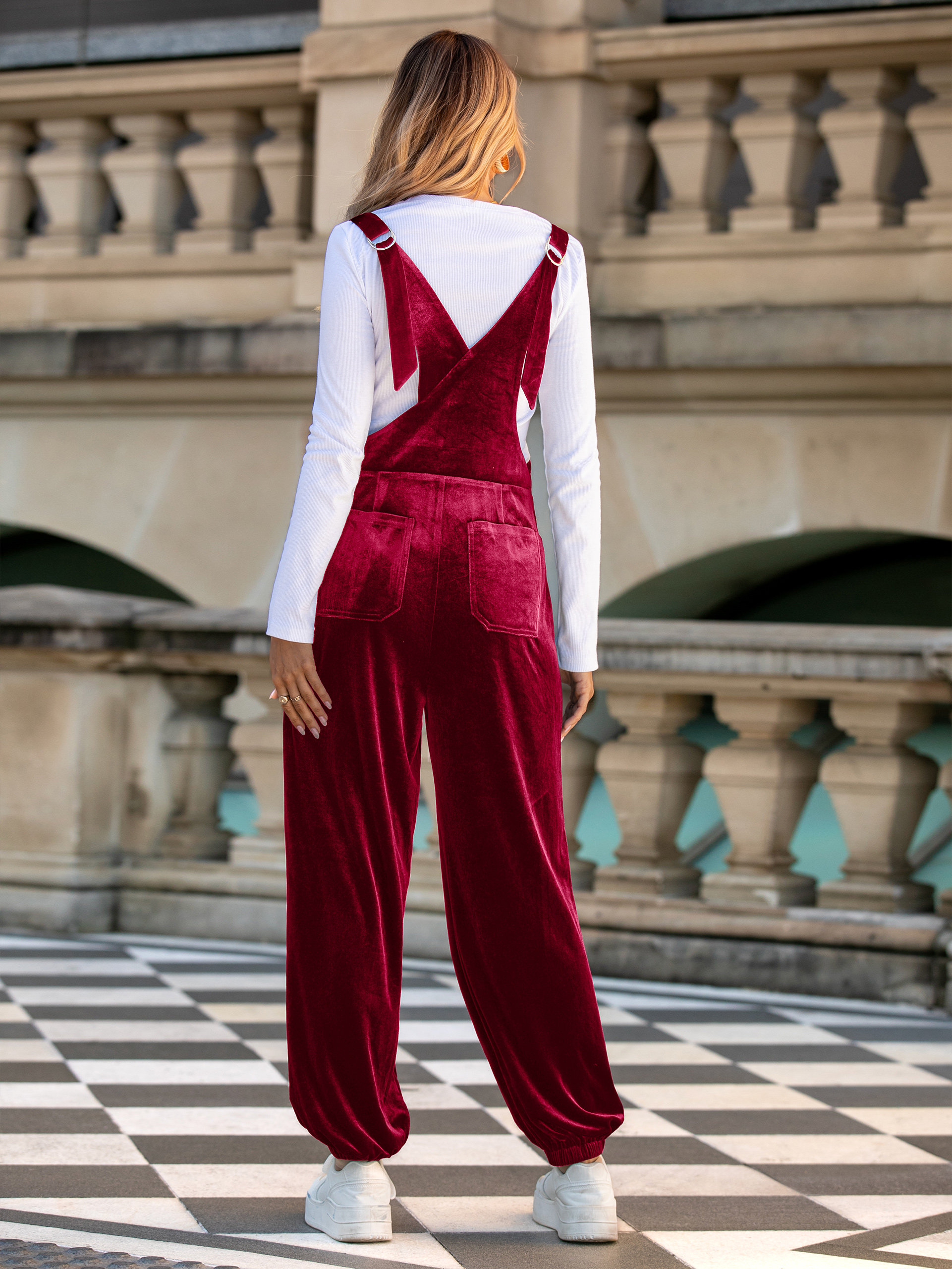 Velvet Loose Fit Adjustable Straps Jumpsuit - Burgundy