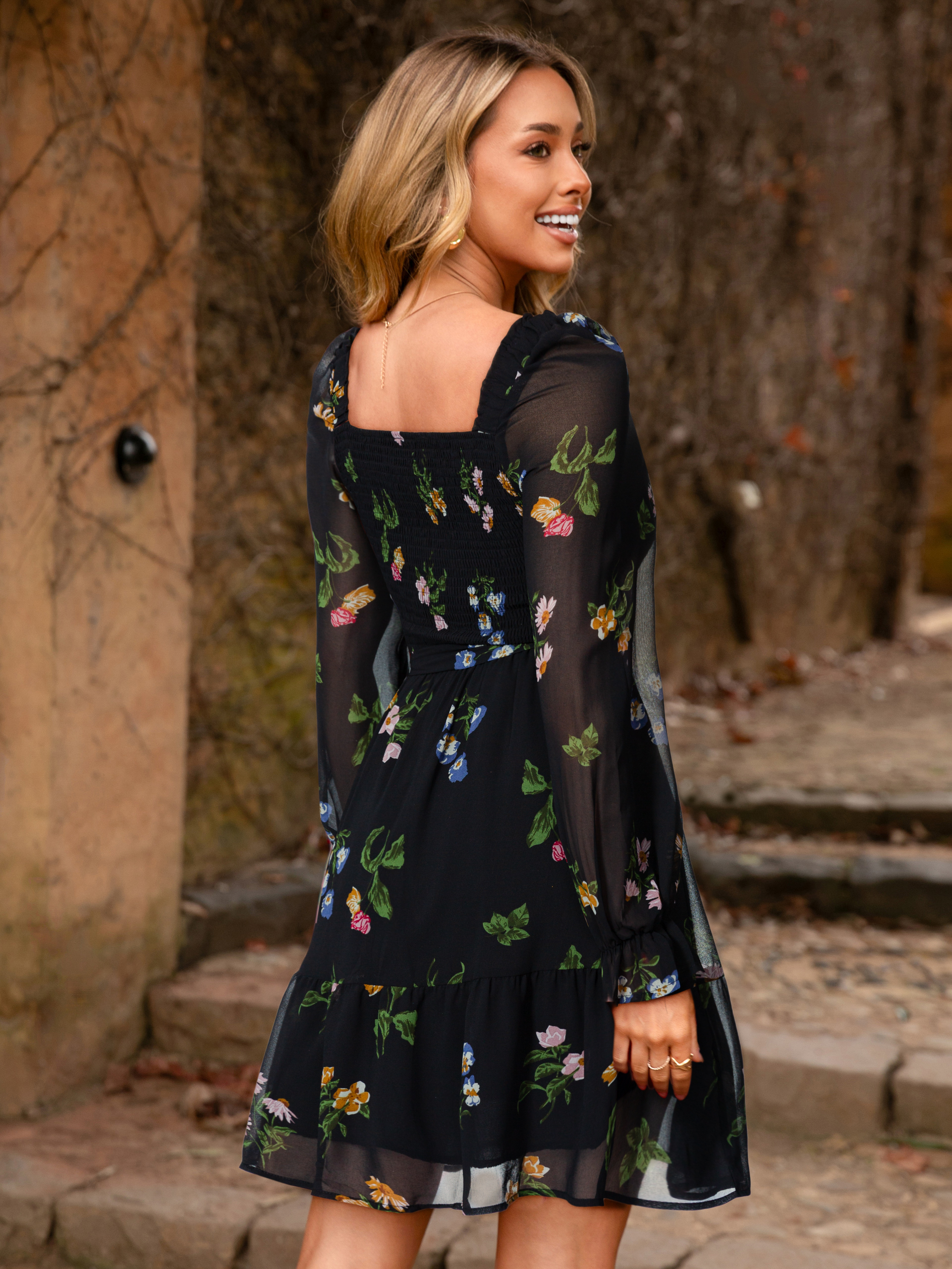 Boho Floral Chiffon Smocked Mini Dress