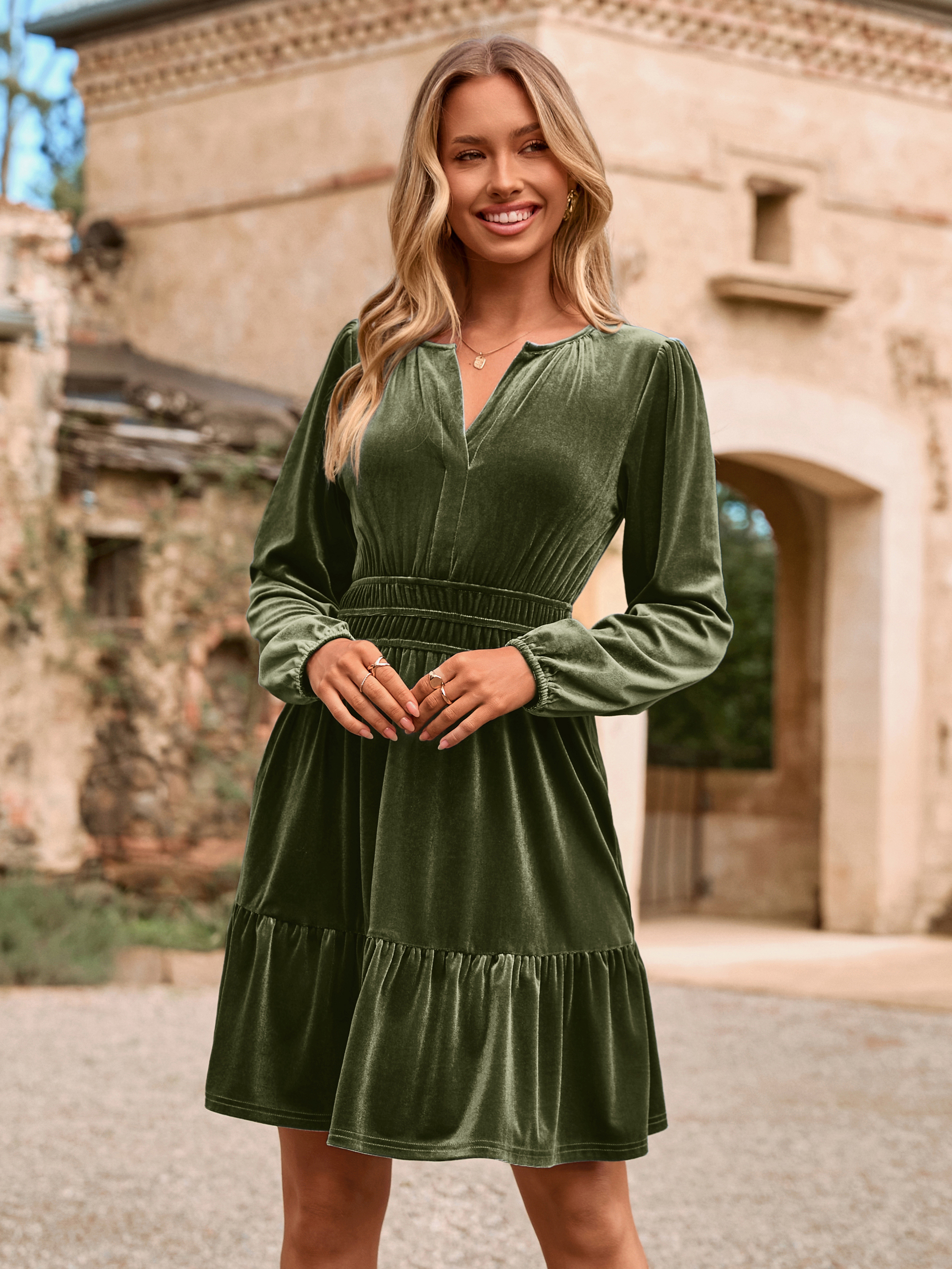 Premium Luxe Holiday Party Velvet Mini Dress - Army Green