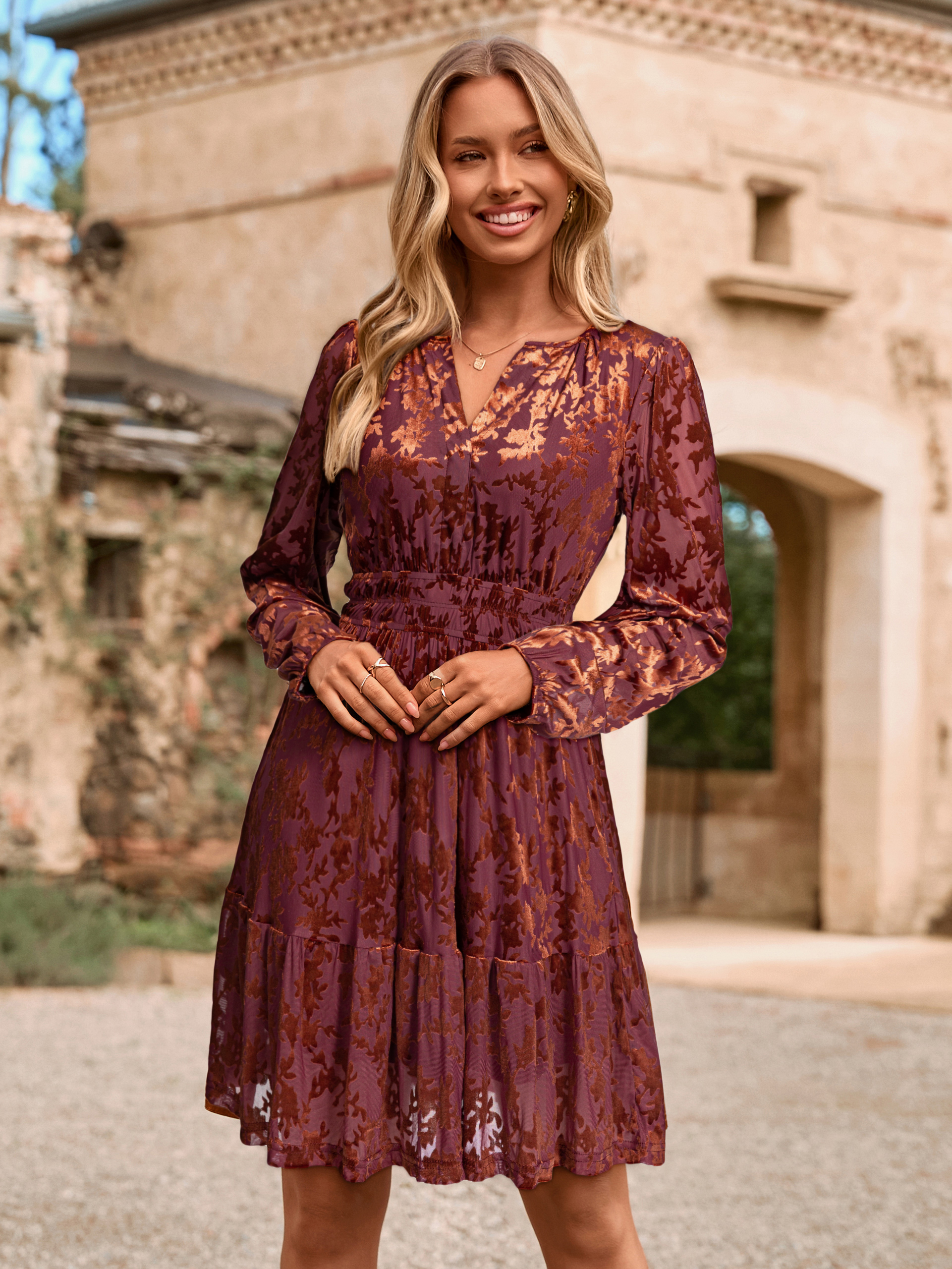 Premium Luxe Holiday Party Velvet Mini Dress - Burnout Rust