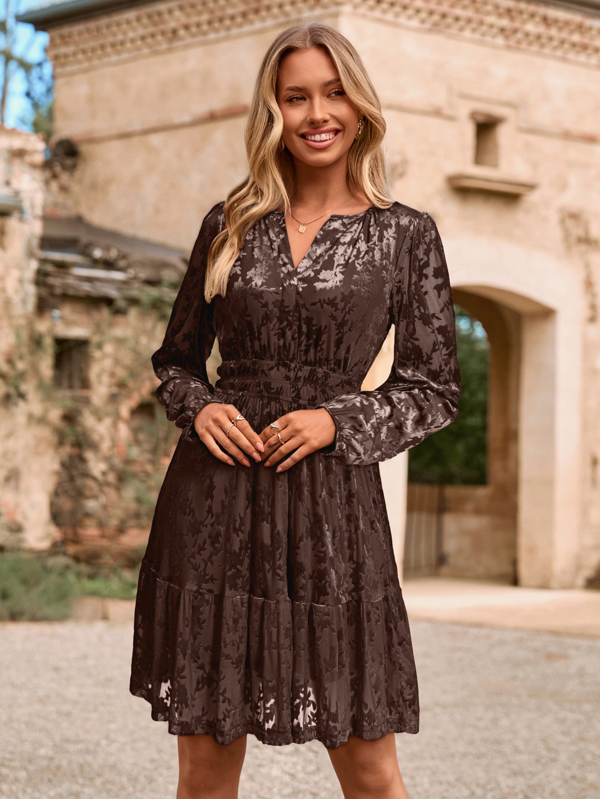 Premium Luxe Holiday Party Velvet Mini Dress - Burnout Coffee