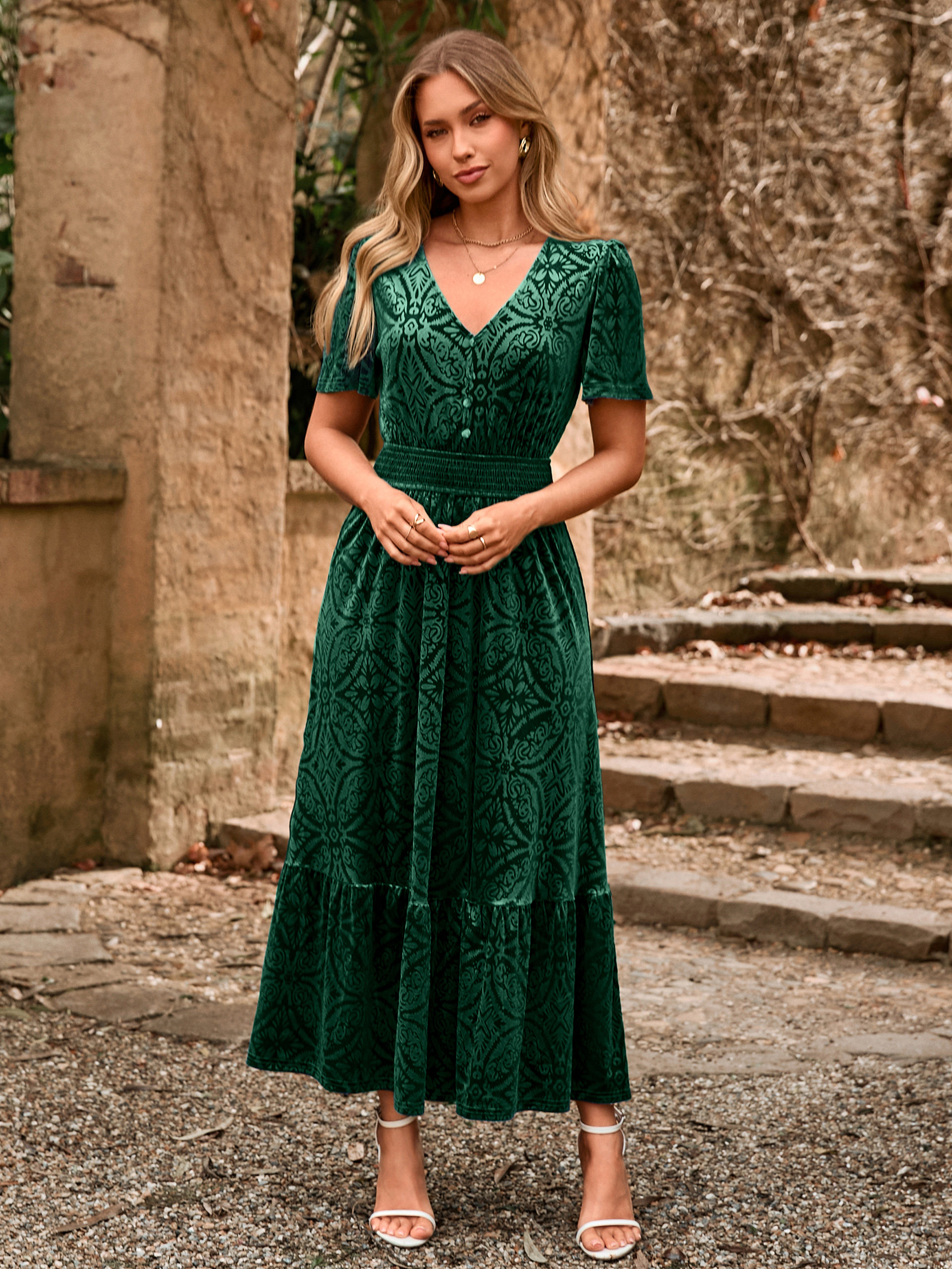 Velvet Floral V Neck Wedding Guest Maxi Dress