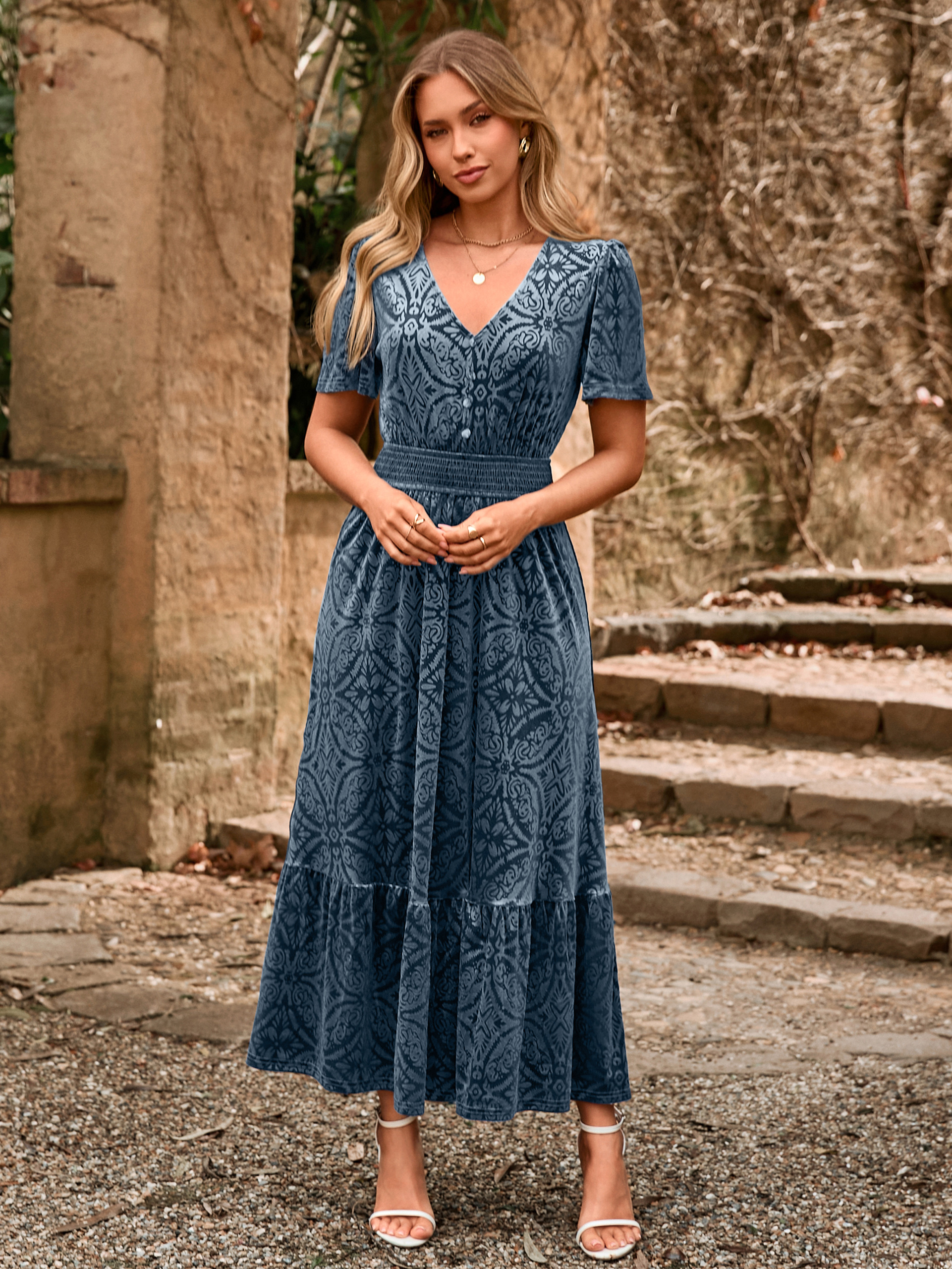 Velvet Floral V Neck Wedding Guest Maxi Dress