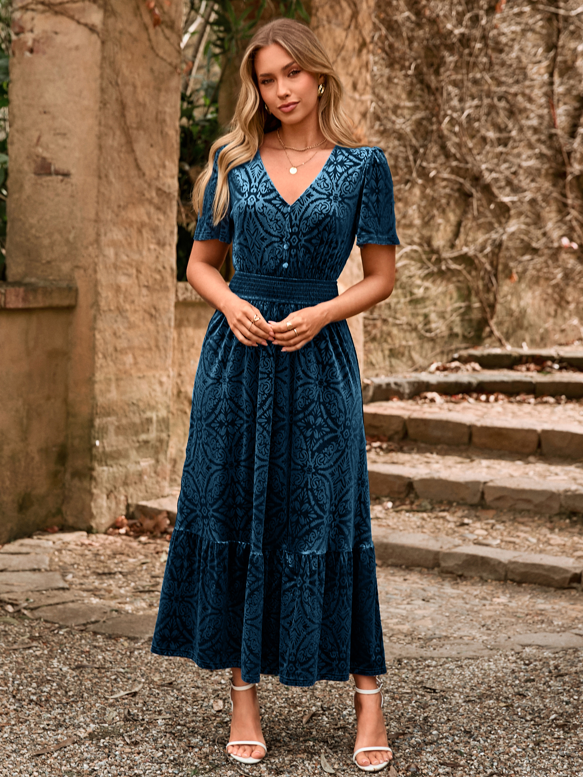 Velvet Floral V Neck Wedding Guest Maxi Dress