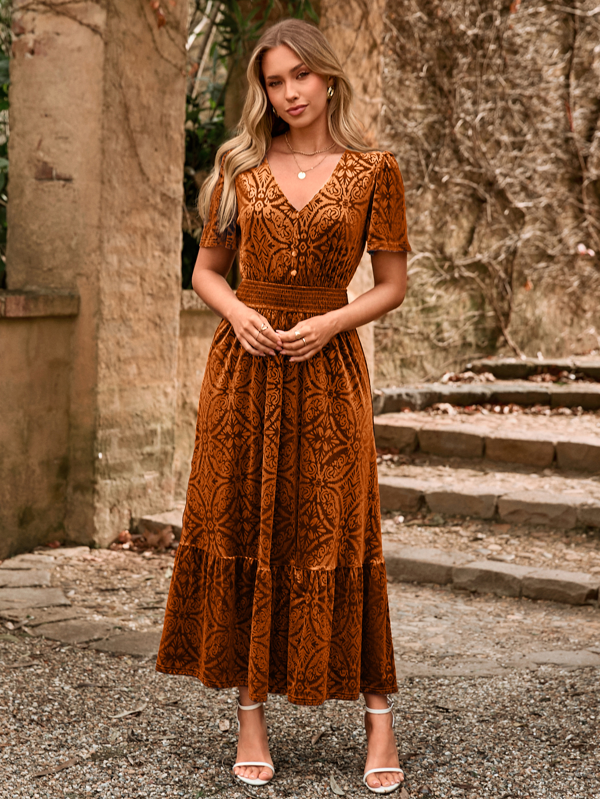 Velvet Floral V Neck Wedding Guest Maxi Dress