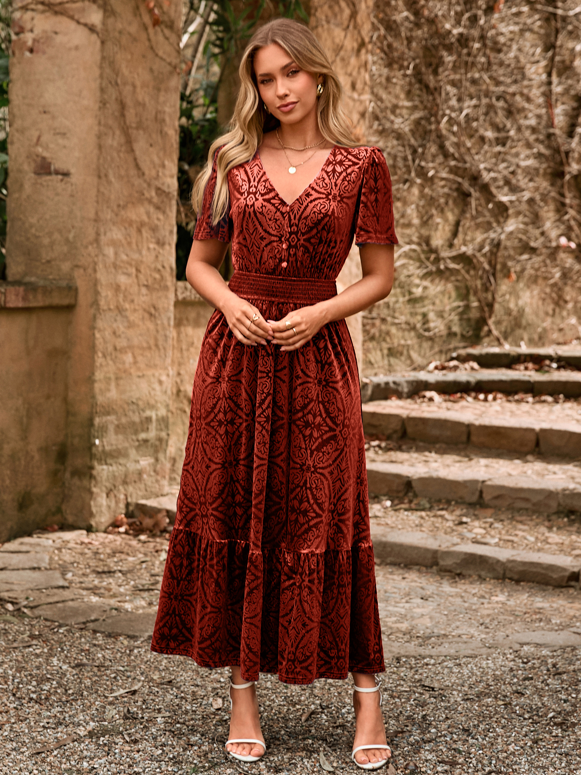 Velvet Floral V Neck Wedding Guest Maxi Dress