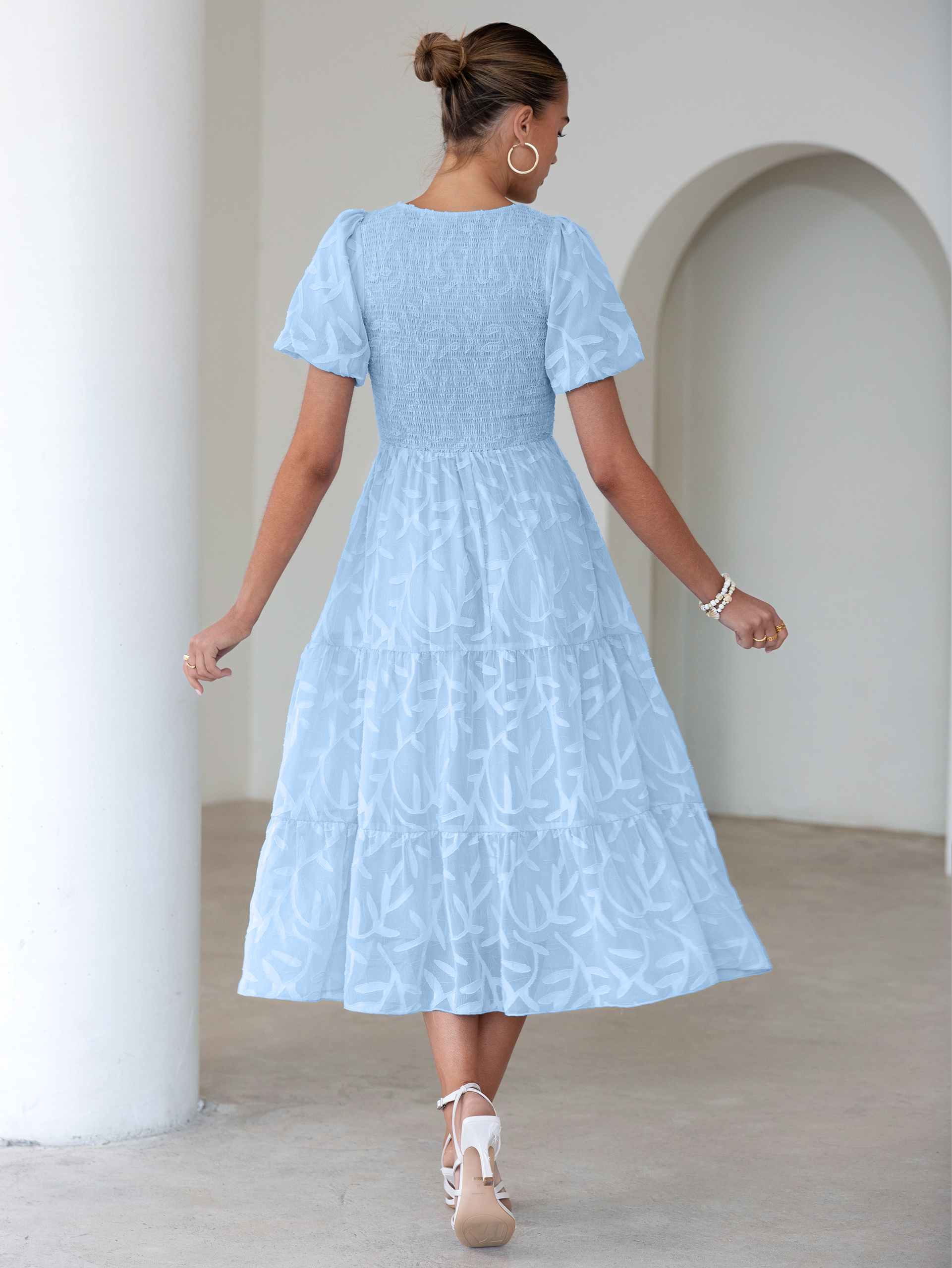 Puff Sleeve A Line Tiered Chiffon Maxi Dress - Light Blue