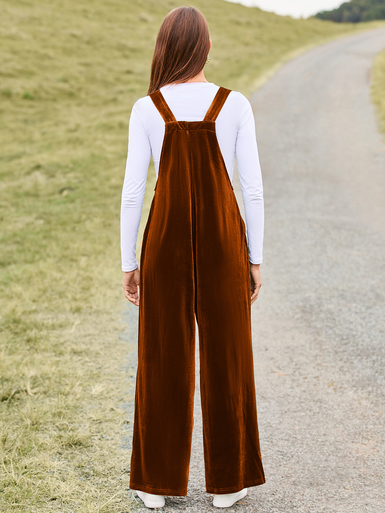 Velvet Sleeveless Square Neck Wide Leg Jumpsuit - Orange