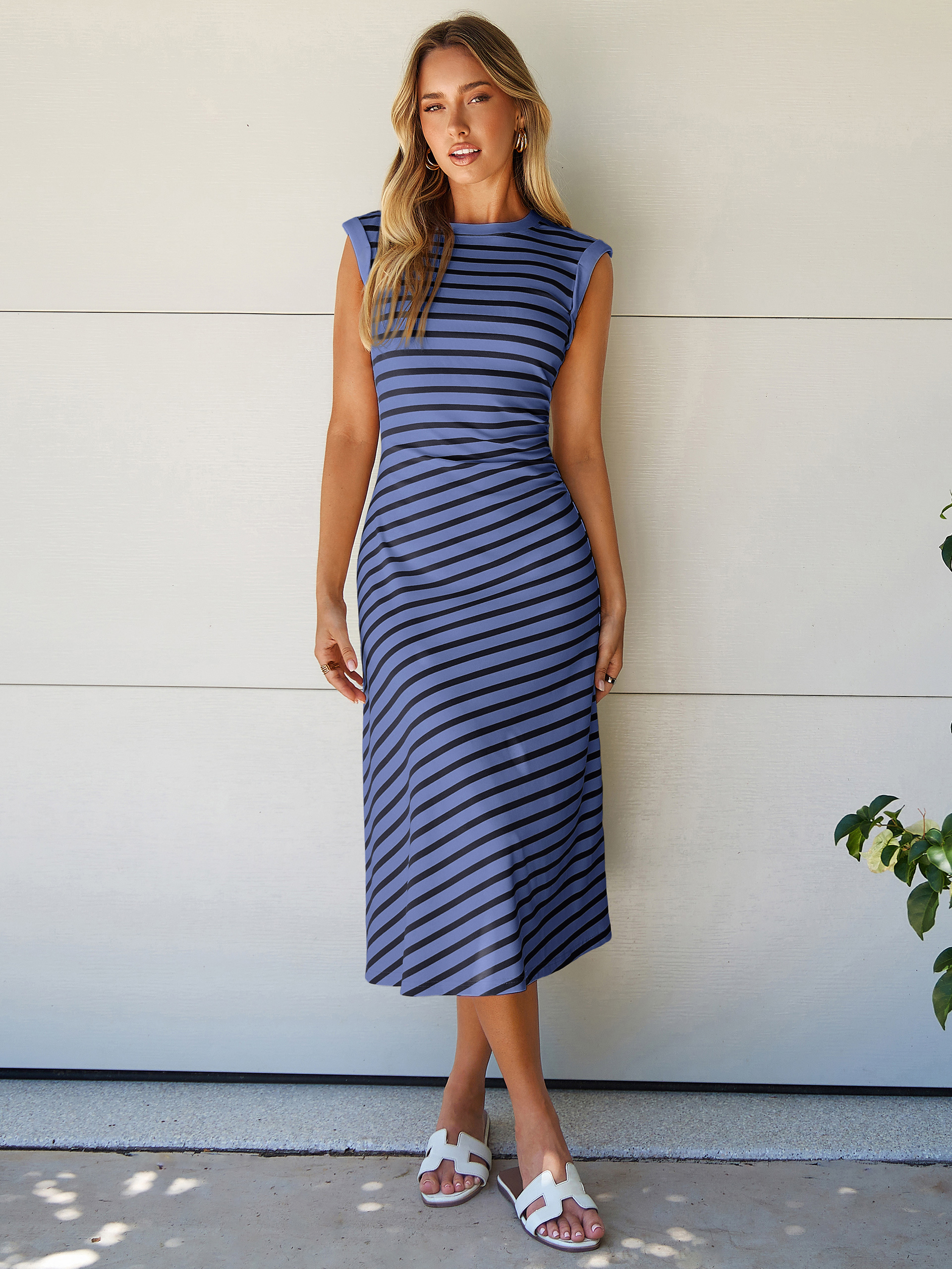 Striped Sleeveless Crew Neck A-Line Midi Dress