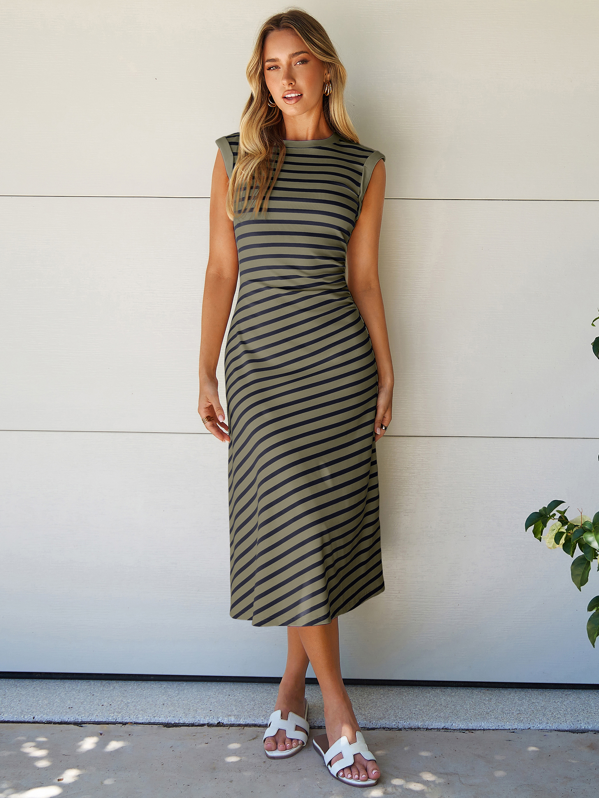 Striped Sleeveless Crew Neck A-Line Midi Dress