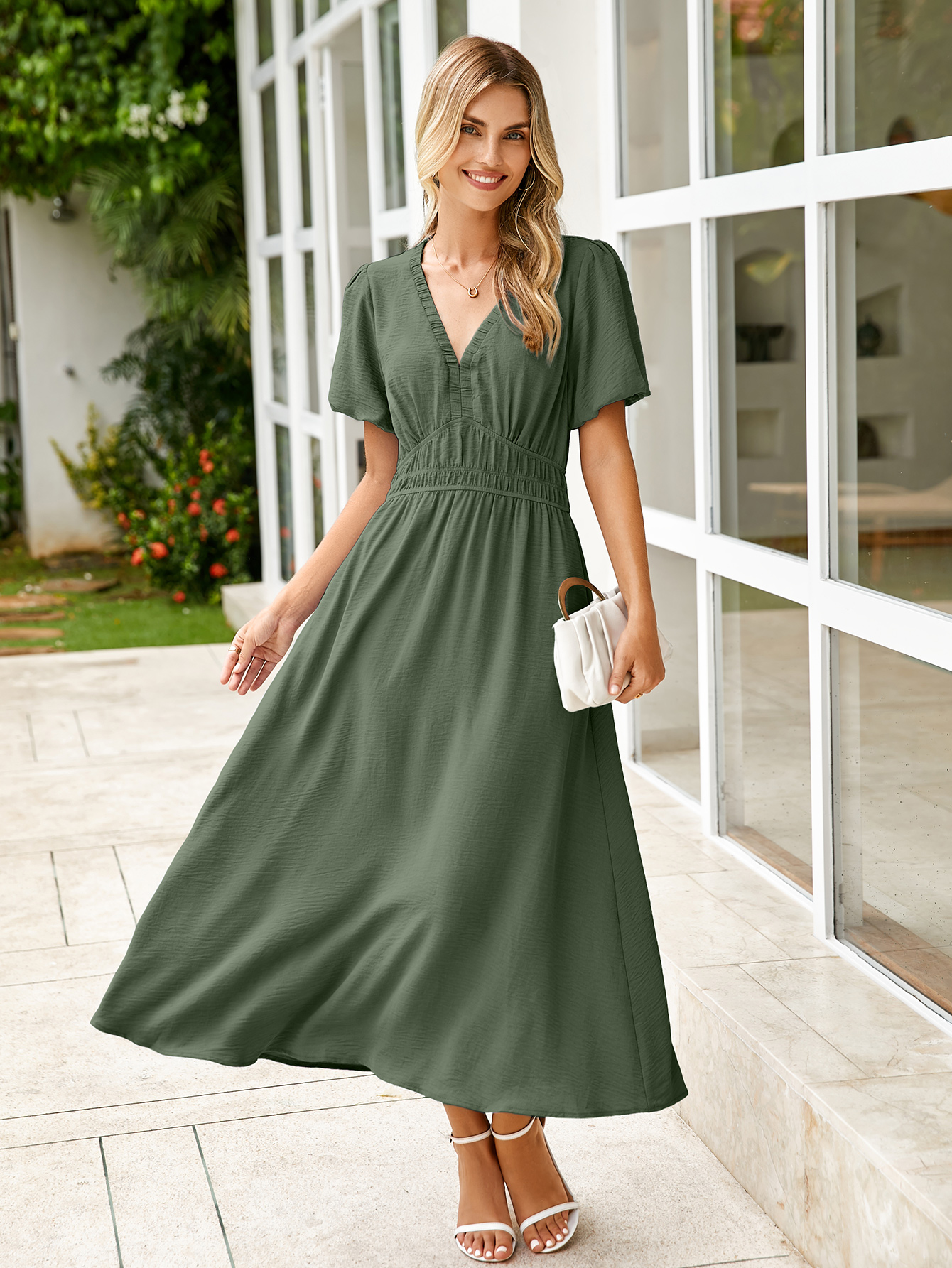Boho Puff Sleeve Flowy Wedding Guest Maxi Dress - Army Green