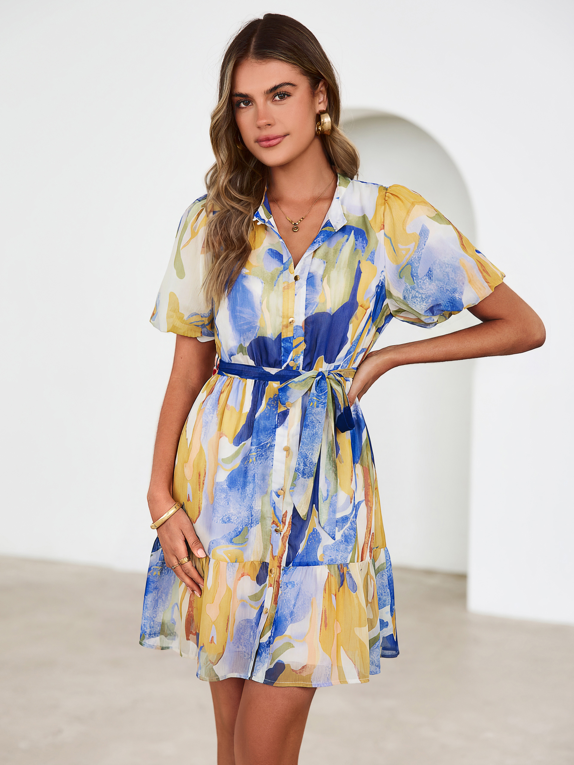 Floral Button Down Tie Waist A-Line Mini Dress - Blue Orange Blend