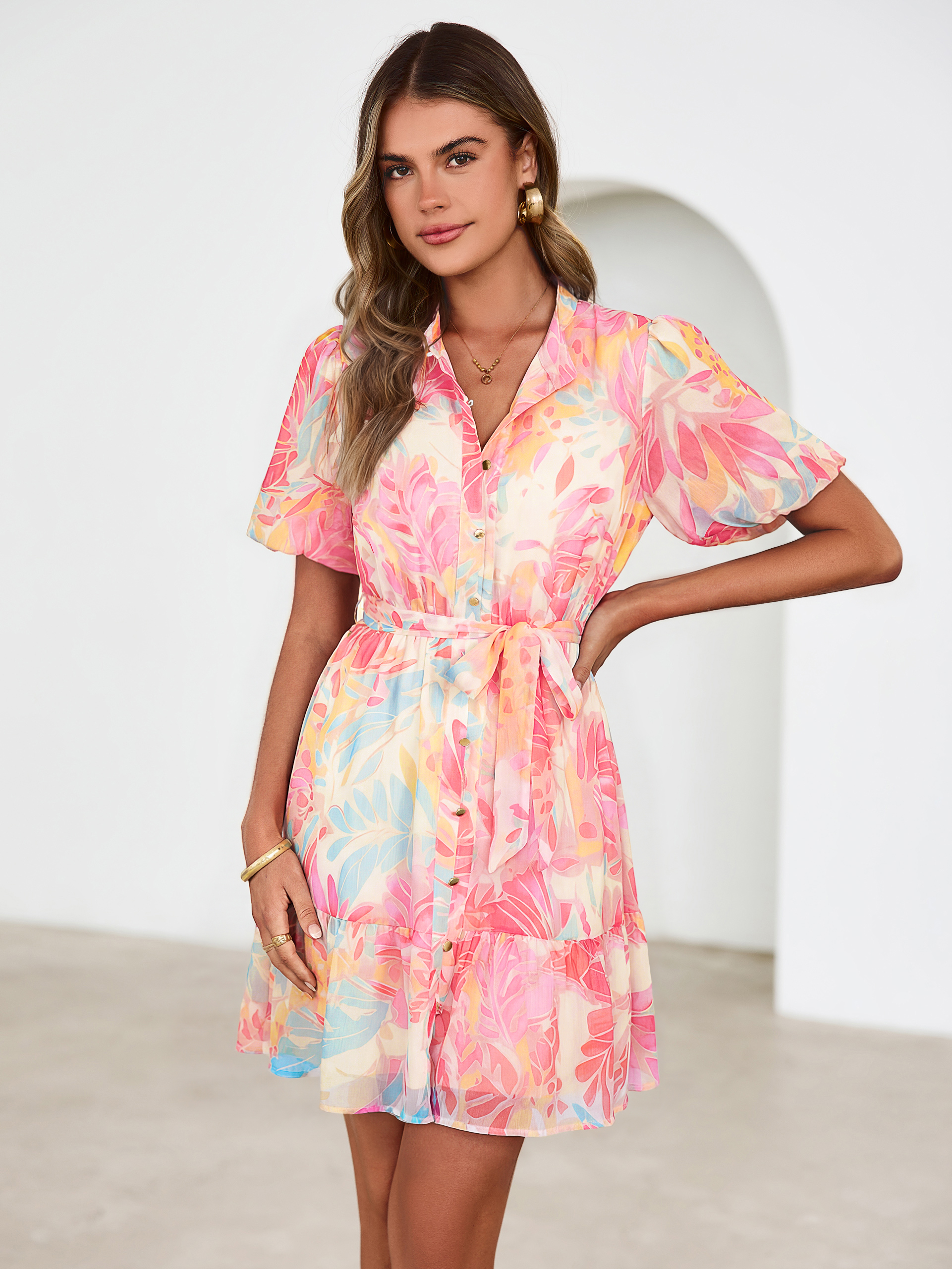 Floral Button Down Tie Waist A-Line Mini Dress - Red Yellow Floral