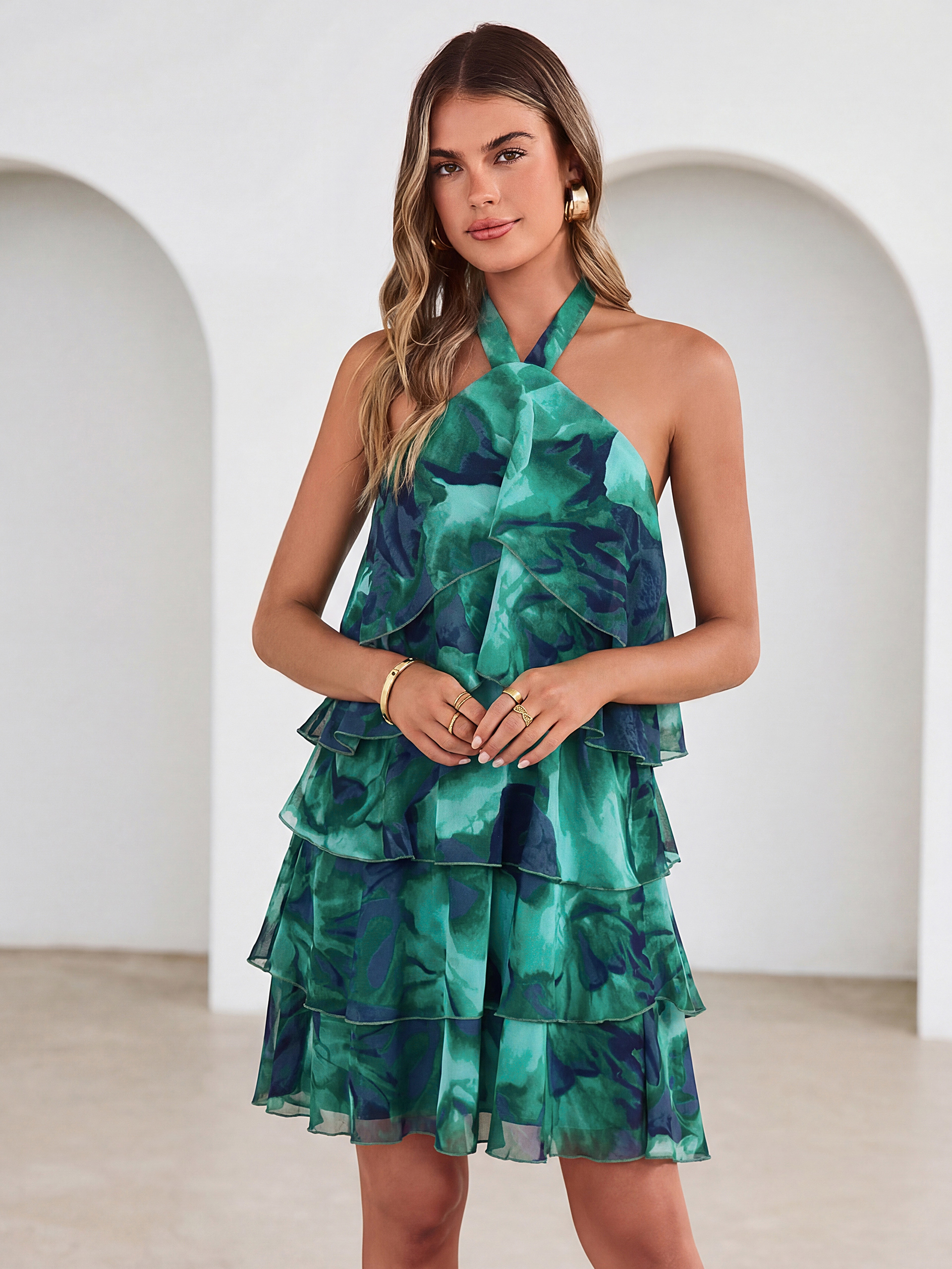 Floral Halter Neck Tiered Ruffle Mini Dress