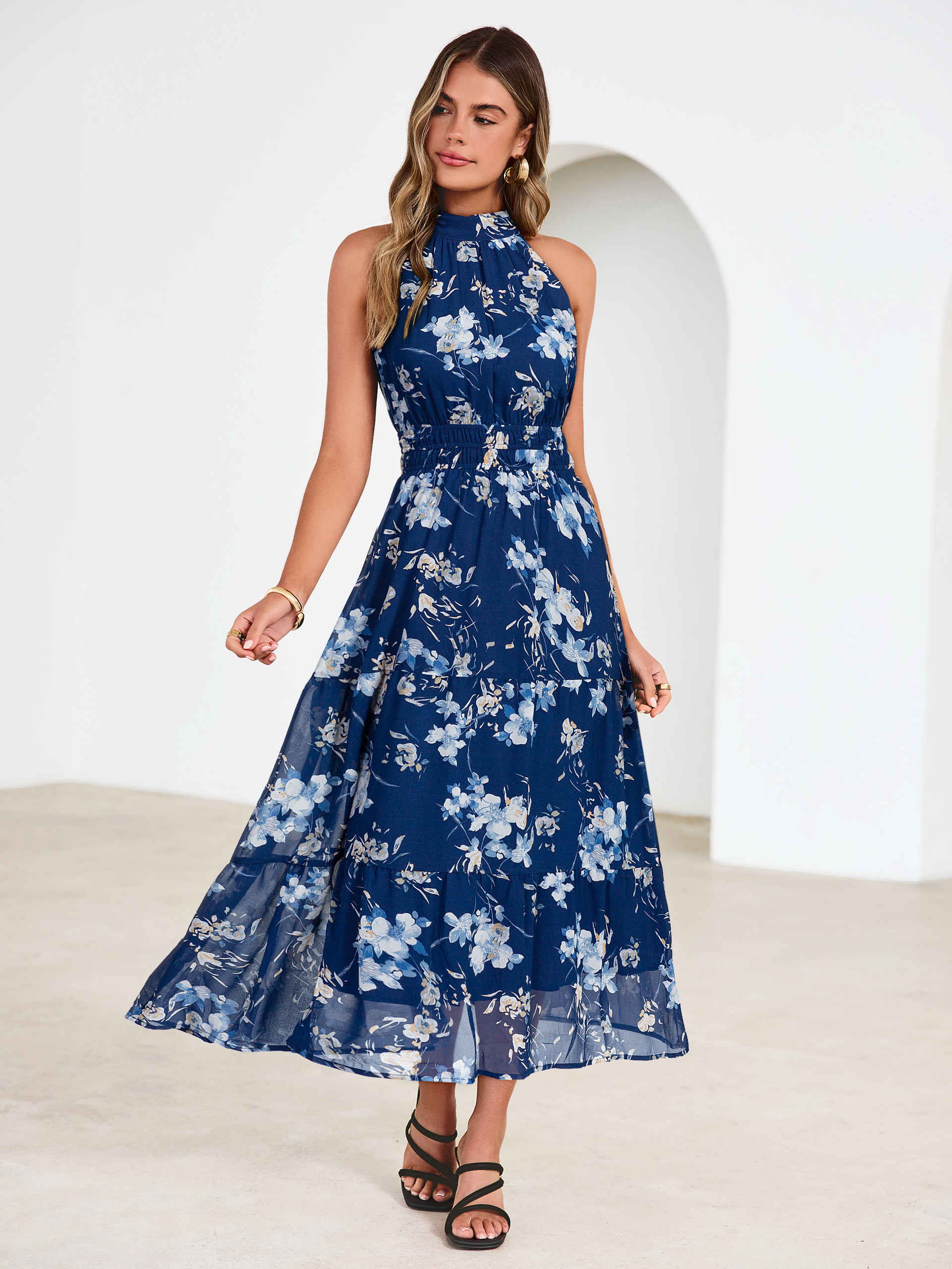Floral Halter Neck Smocked Waist Maxi Dress