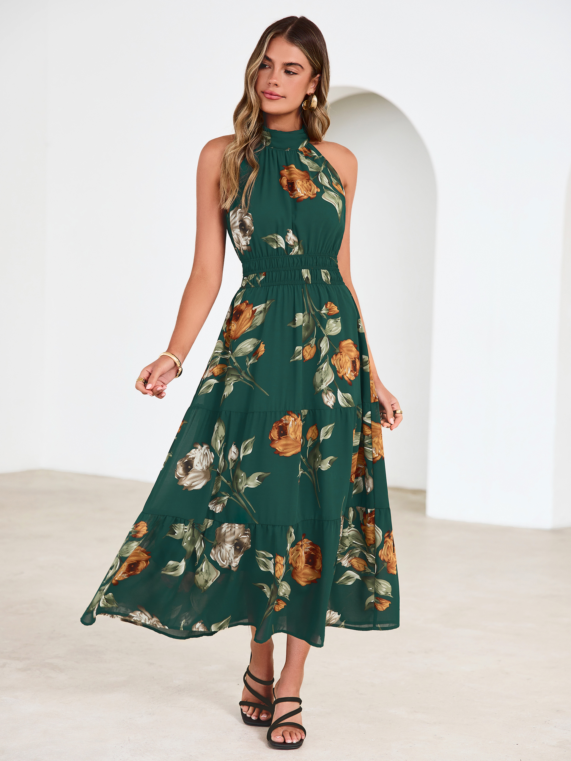 Floral Halter Neck Smocked Waist Maxi Dress