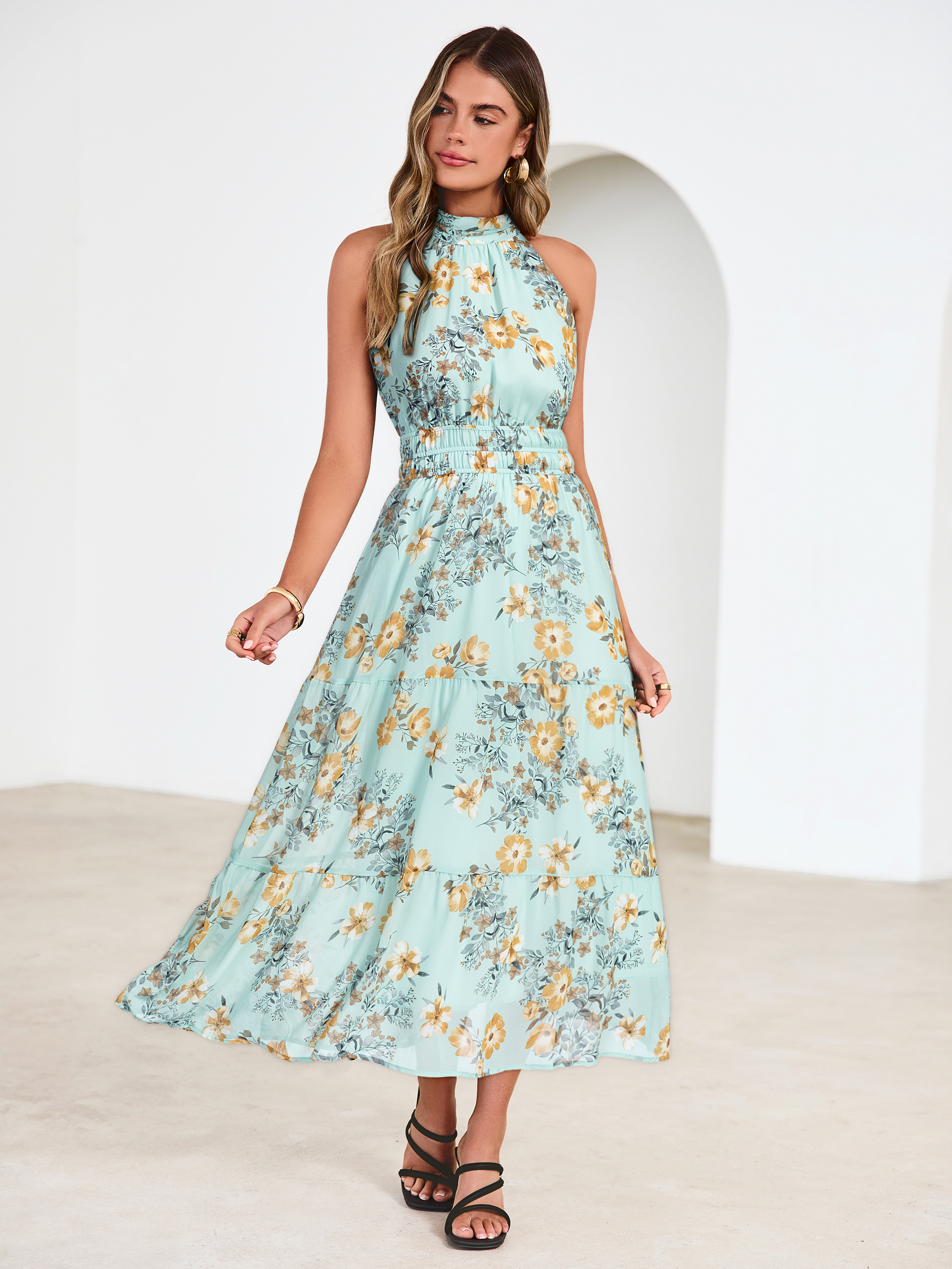 Floral Halter Neck Smocked Waist Maxi Dress