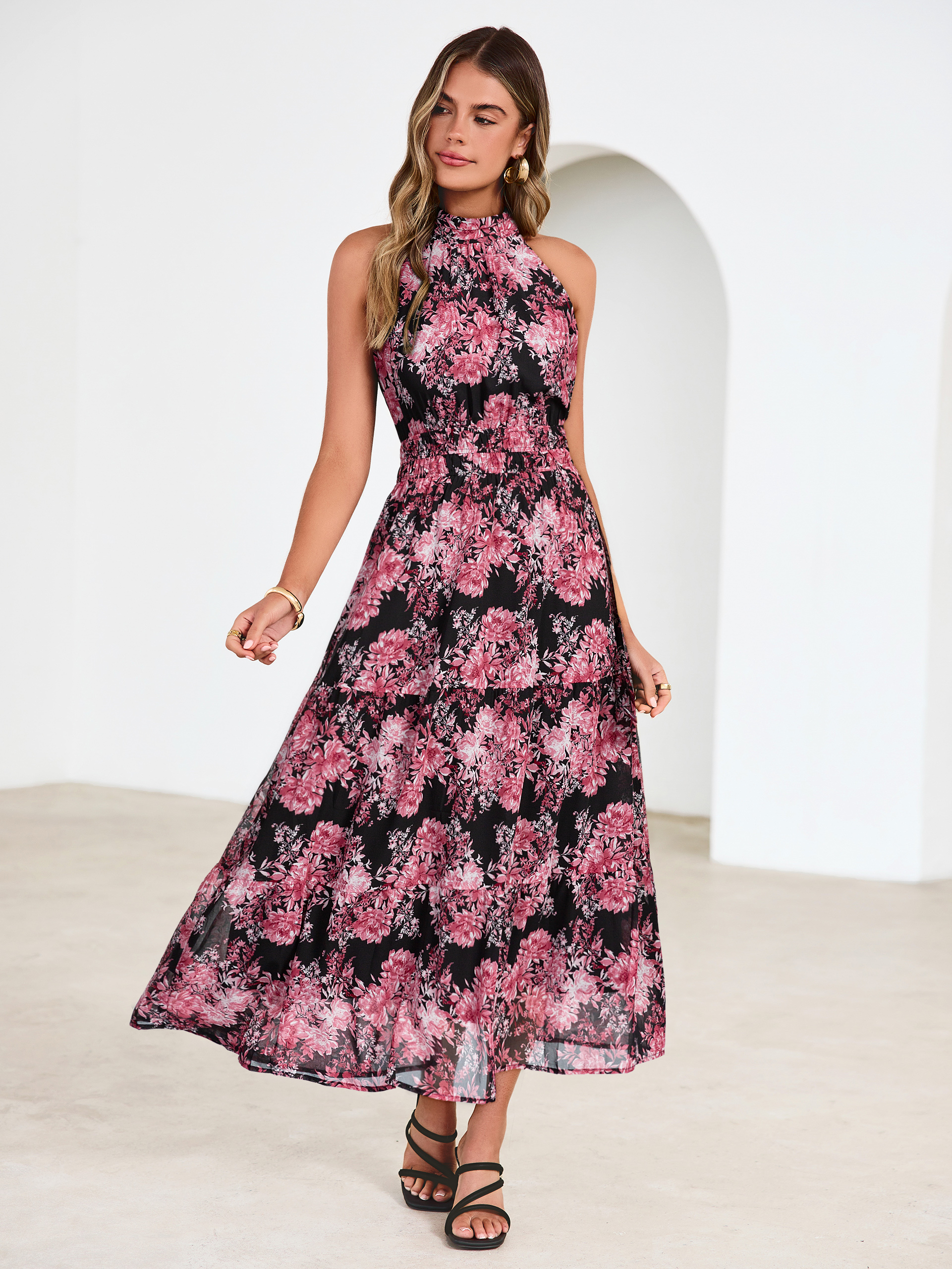Floral Halter Neck Smocked Waist Maxi Dress