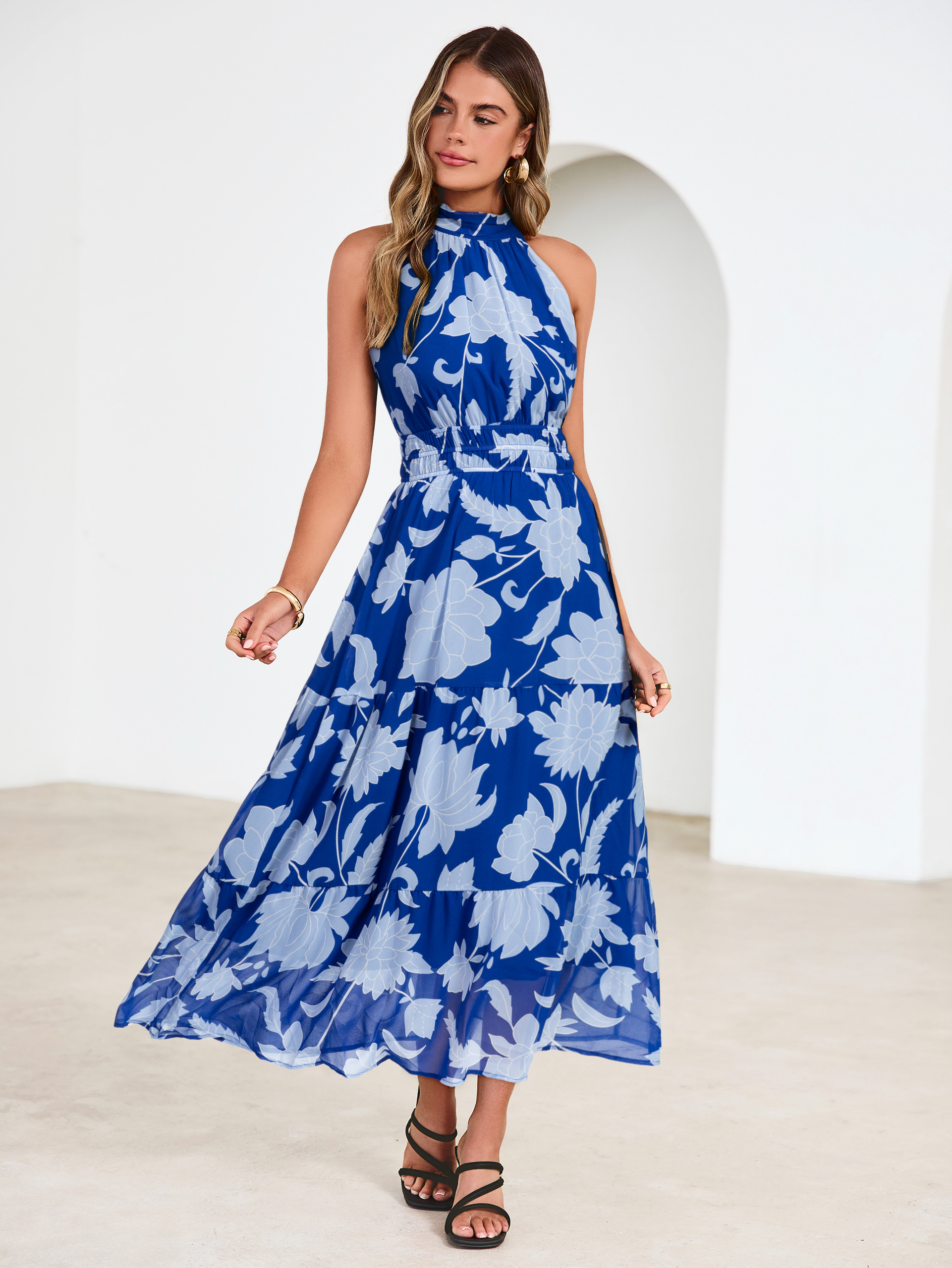 Floral Halter Neck Smocked Waist Maxi Dress