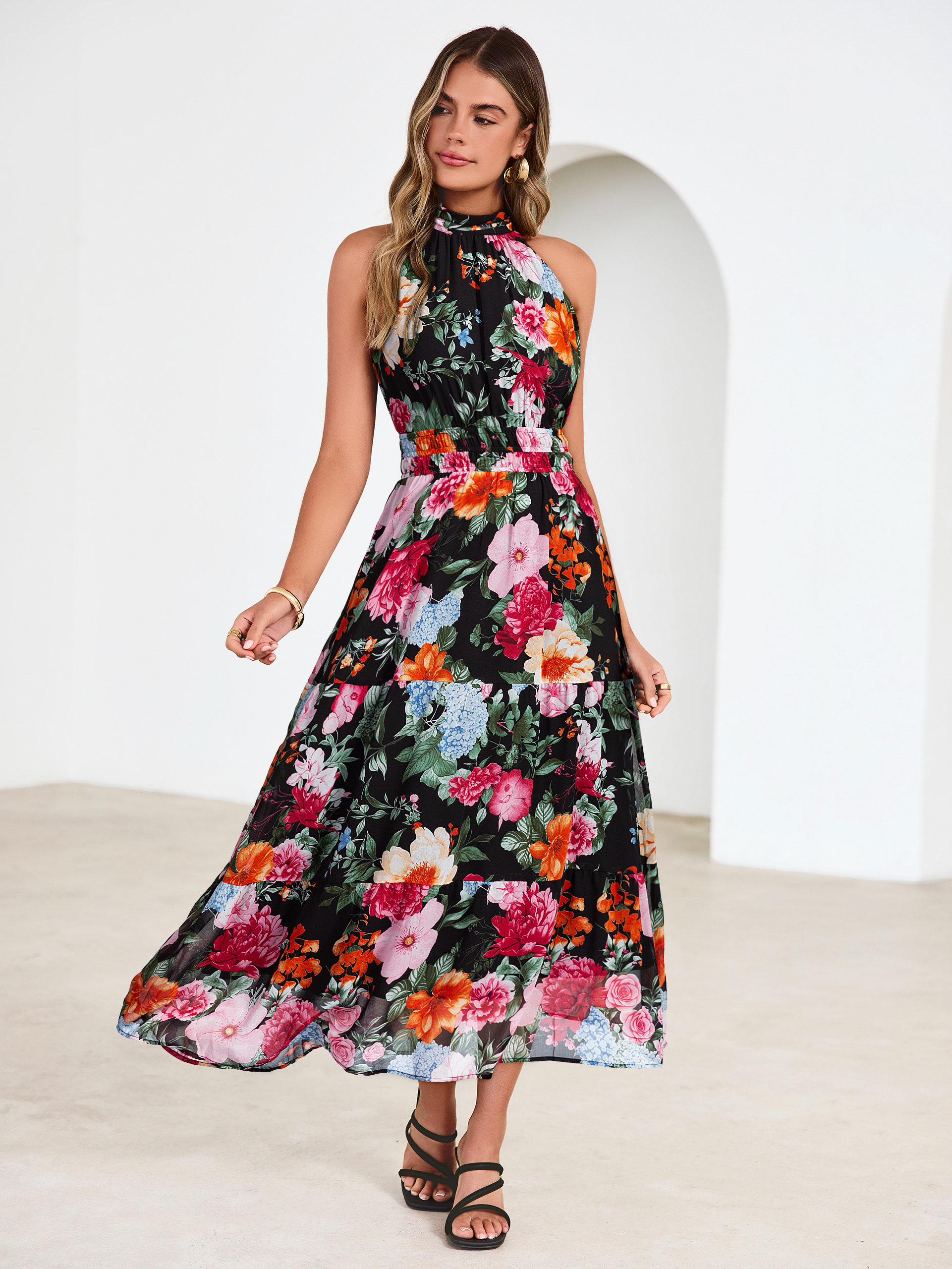 Floral Halter Neck Smocked Waist Maxi Dress